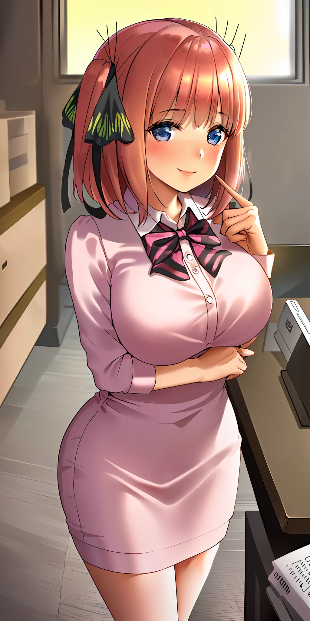 ((masterpiece, best)),(1girl),((mature woman)), light pink hair, dizzy, trumpet, ((office lady)), bangs, mid-chest, (full), slim, smiling, [wide hips] , office, standing, aru \(blue archive\),