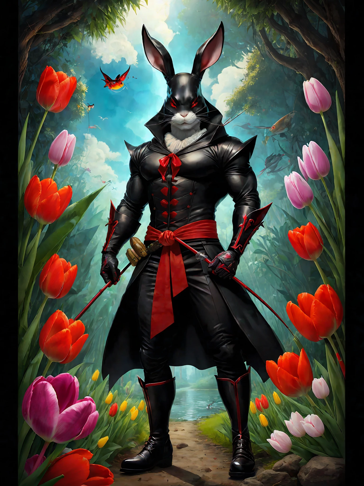 rabbitman , evil demon , bow , red eyes, ready to fish ,ears, mus ,Tulips, cles, jungle