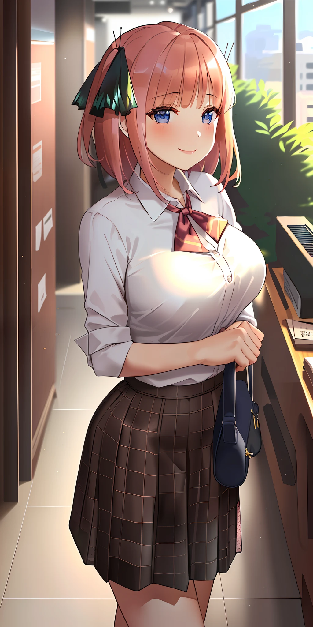 ((masterpiece, best)),(1girl),((mature woman)), light pink hair, dizzy, trumpet, ((office lady)), bangs, mid-chest, (full), slim, smiling, [wide hips] , office, standing, aru \(blue archive\),