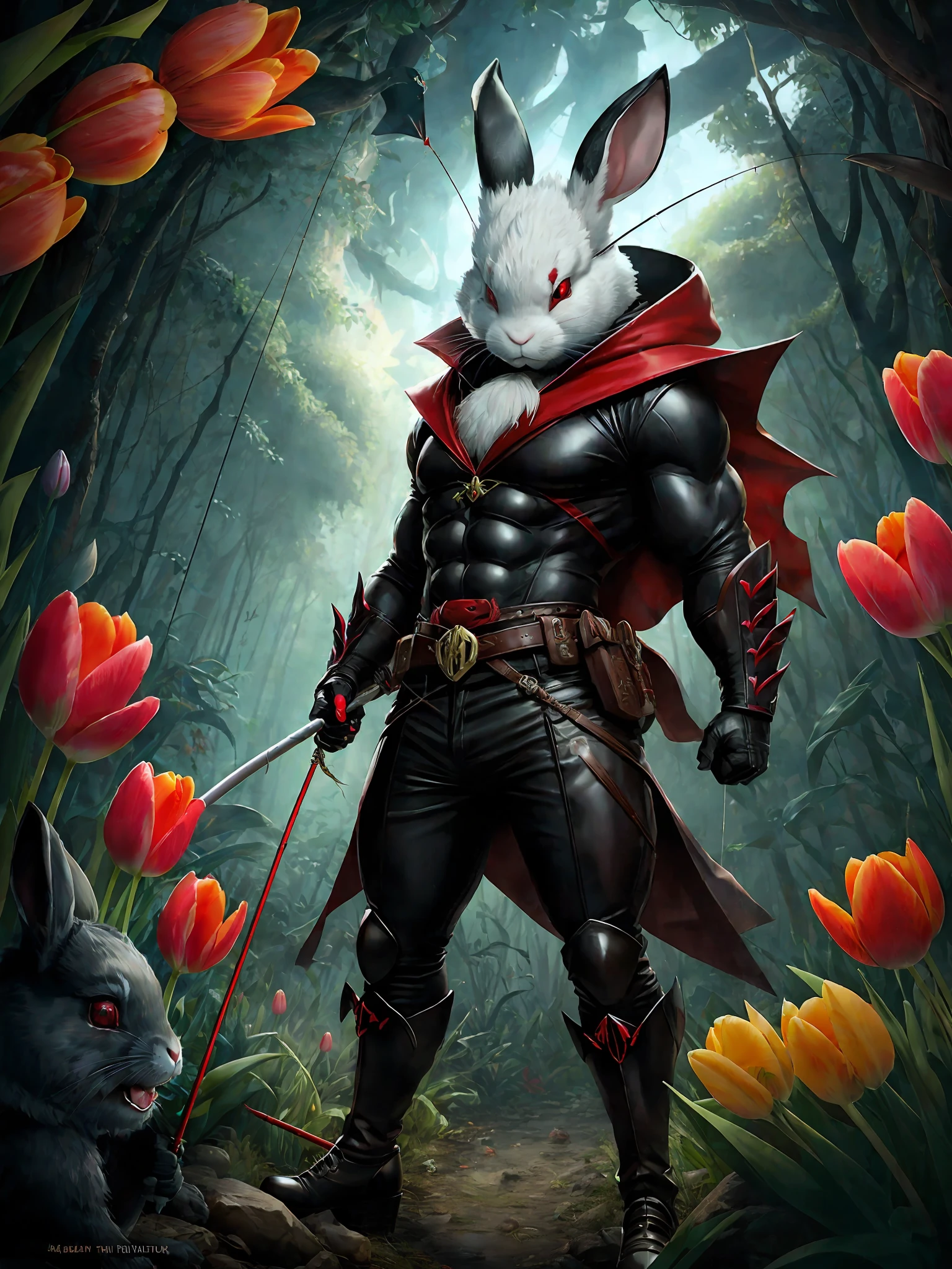 rabbitman , evil demon , bow , red eyes, ready to fish ,ears, mus ,Tulips, cles, jungle