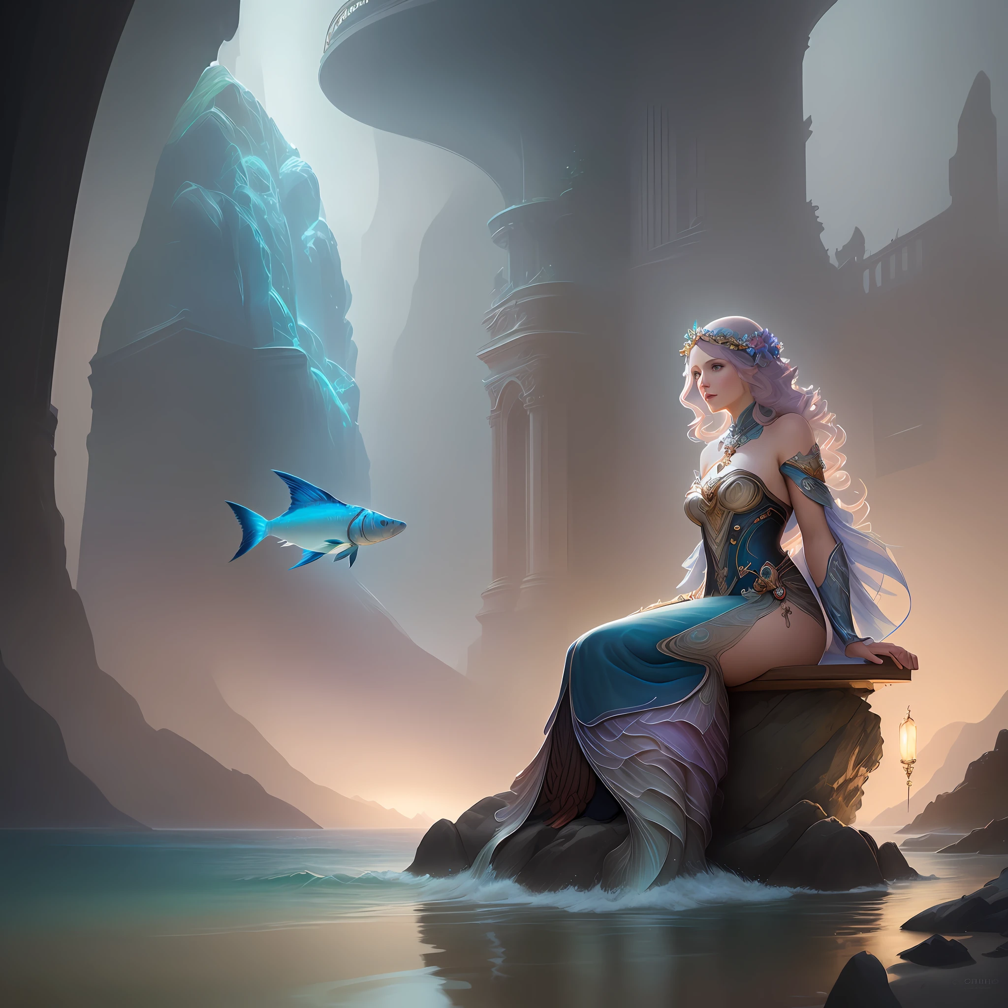 there is a woman sitting on a bench looking at a fish, beautiful digital artwork, exquisite digital illustration, goddess of the ocean, stunning digital illustration, inspired by Cynthia Sheppard, art nouveau octane render, by Cynthia Sheppard, 4k highly detailed digital art, elegant digital painting, a beautiful artwork illustration, by John Alexander, gorgeous digital art, beautiful digital illustration