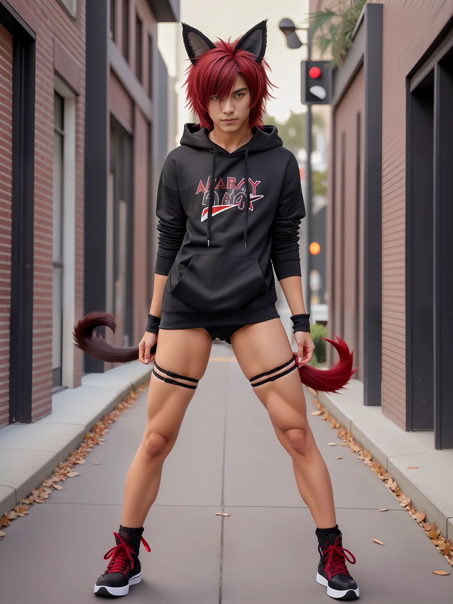 boy, toned, sharp big cat ears, cat tail, big black messy hair, extremely vibrant red eyes, HD, masterpiece, vibrant, thong, slim dark black hoodie, full body view, neutral face, black thigh socks, combat boots.