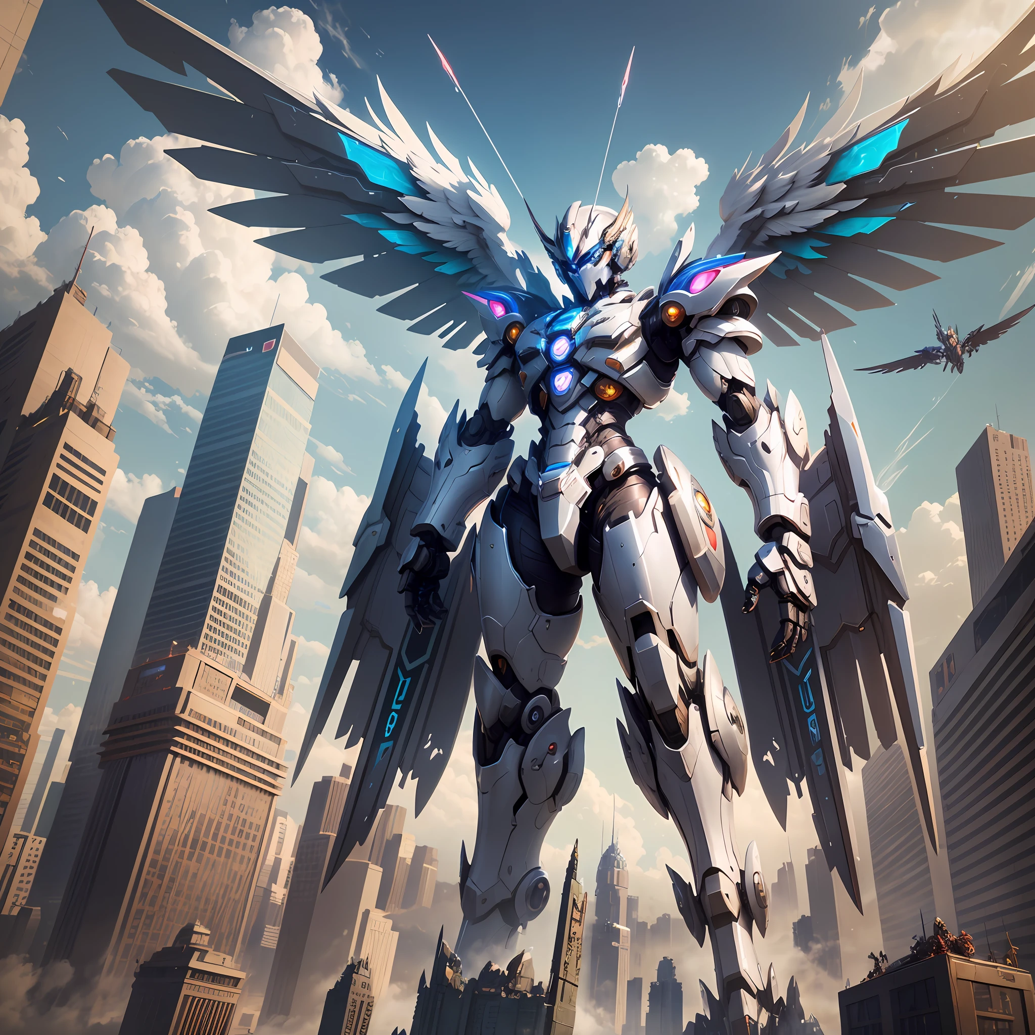 arafed image of a robot with wings standing in front of a city, concept art by Shen Zhou, pixiv contest winner, fantasy art, mechanized valkyrie girl, mecha wings, angel knight girl, armor angle with wing, style of raymond swanland, archangel, mechanized valkyrie, futuristic robot angel, mechanical angel, anime concept hdr anime macmanus