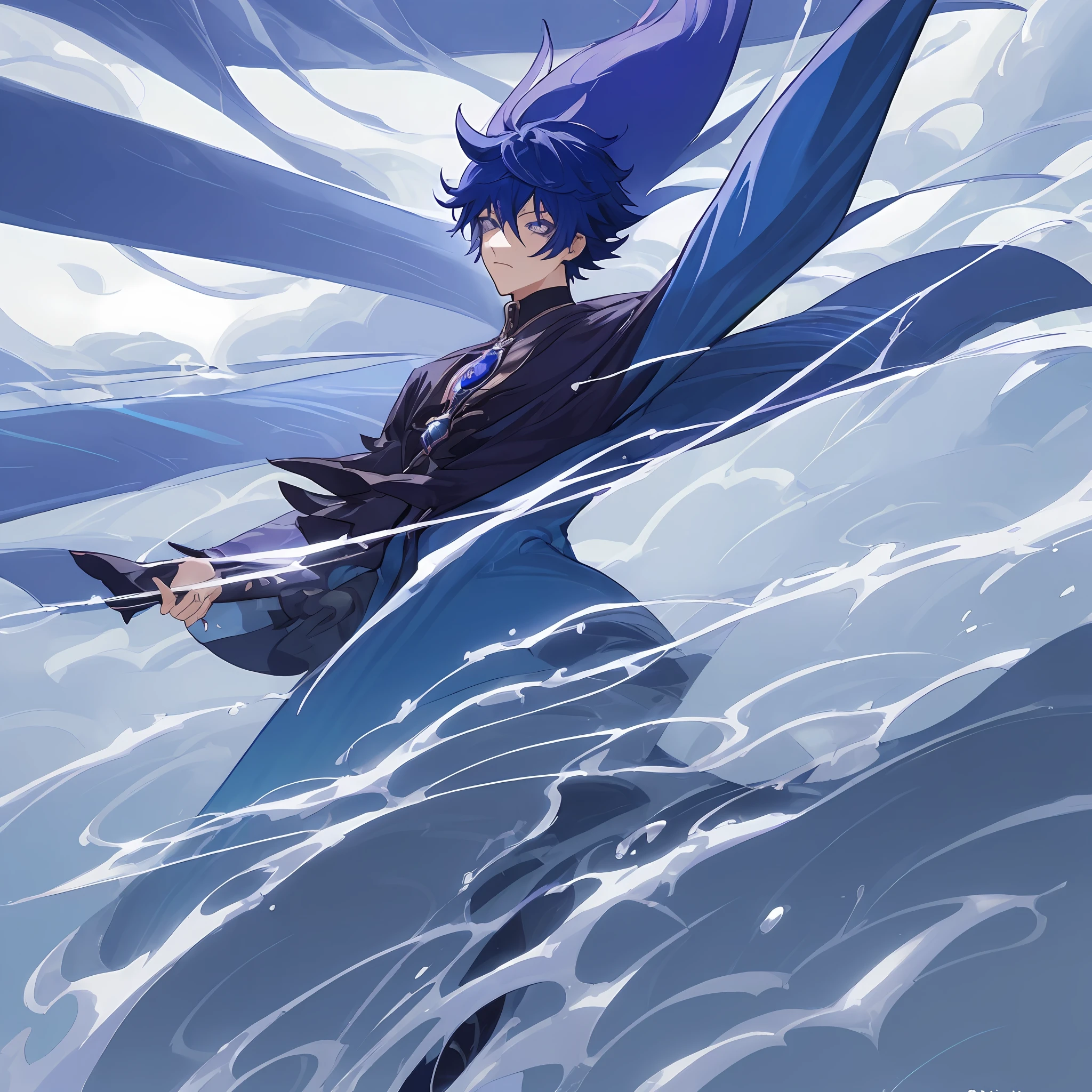 ((Scaramouche)), Scaramouche from Genshin Impact, full body, beautiful boy, 1boy, short bowl hair, blue hair, indigo eyes, wind sfx