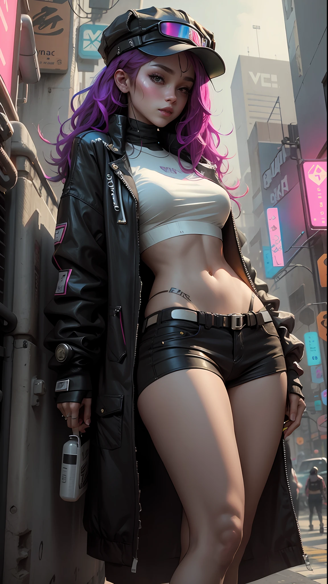 Beautiful woman medium hair, wearing cap, cyberpunk style short clothes