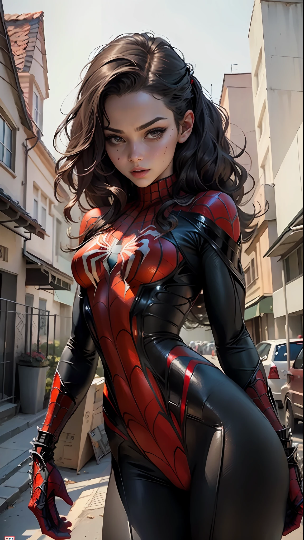 Beautiful woman detailed defined body using spider man cosplay, small breasts