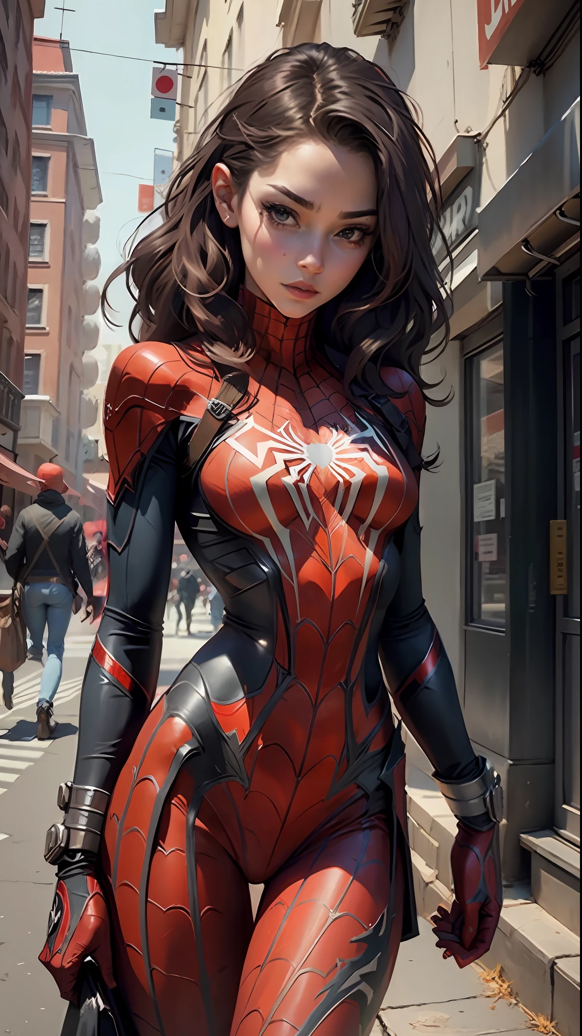 Beautiful woman detailed defined body using spider man cosplay, small breasts