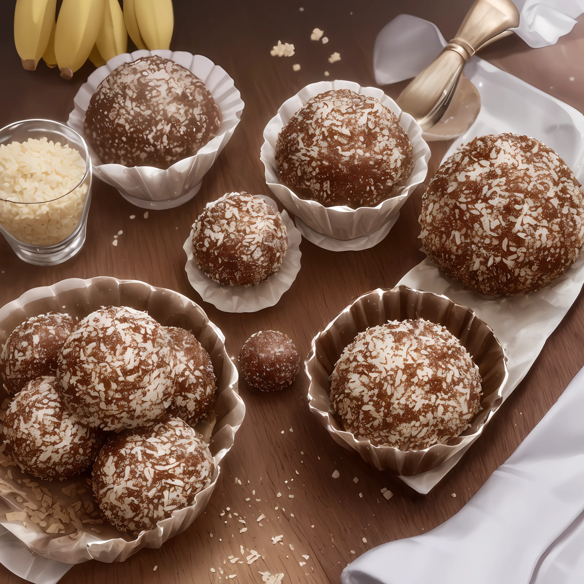 The brigadeiro has a dark brown color, a result of the presence of cocoa powder. Its texture is soft and slightly firmer than a traditional brigadeiro, due to the use of green banana biomass. It is rolled into small portions, forming balls the size of conventional brigadiers.

When looking closely, it is possible to notice the presence of small oat flakes on the surface, which add a touch of crunch to the sweet. The optional coconut granules, if used, adds a decorative aspect, giving a contrast of color and texture to the brigadeiros.

In summary, the fitness brigadeiro made with banana biomass is an attractive-looking sweet with a rich coloring, soft and pleasant texture, and possibly garnished with coconut granules.