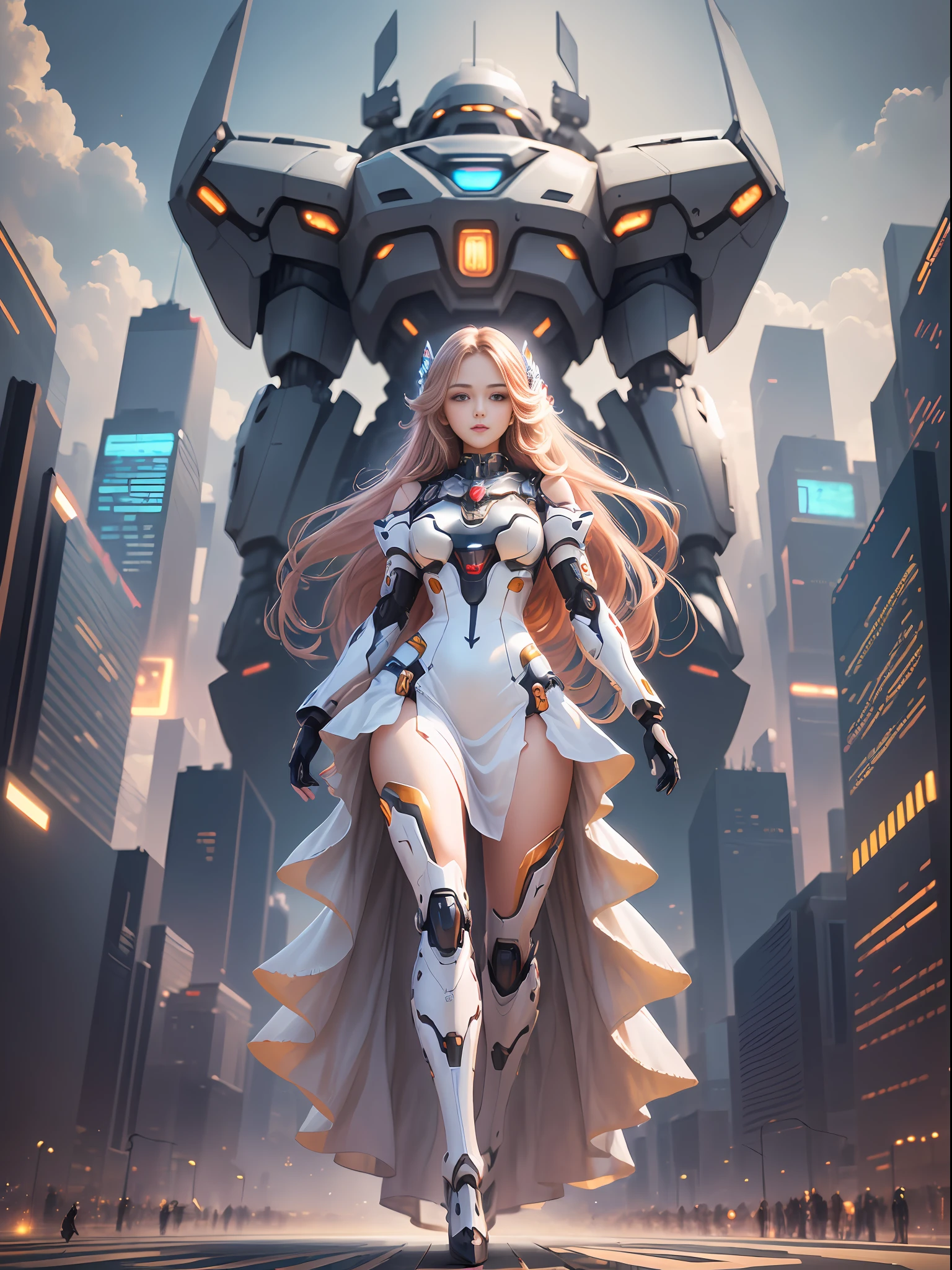 (extremely detailed, high resolution), (masterpiece, best quality), floating, (mecha shoulder), (1girl), (gorgeous, beautiful and charming), (long hair), (elegant dress), posing gracefully, in a futuristic city, vibrant lights, dynamic angle.