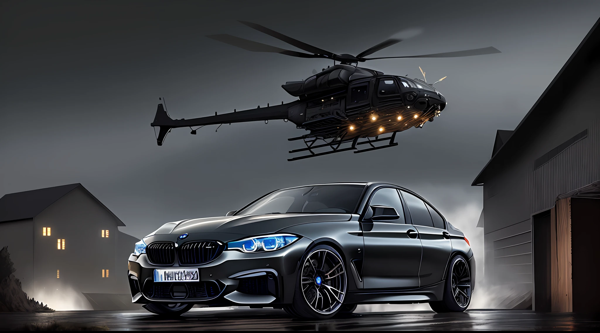 A highly detailed black BMW car is standing in front of a mill at night, while a military helicopter flies over the scene, all in a crystal clear view of high quality and unparalleled richness of detail.