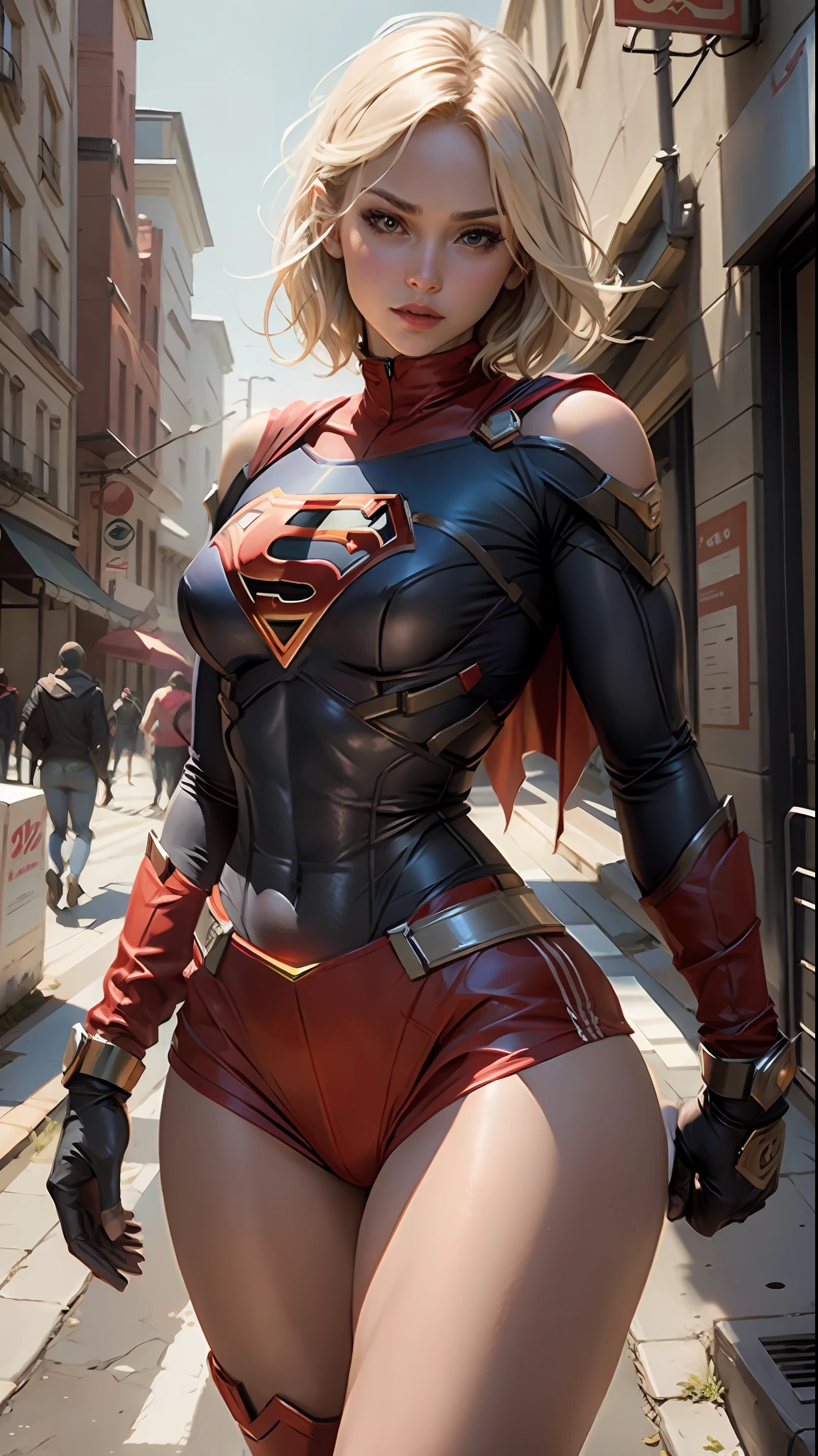 Beautiful woman short hair defined body big breasts, wearing Supergirl cosplay