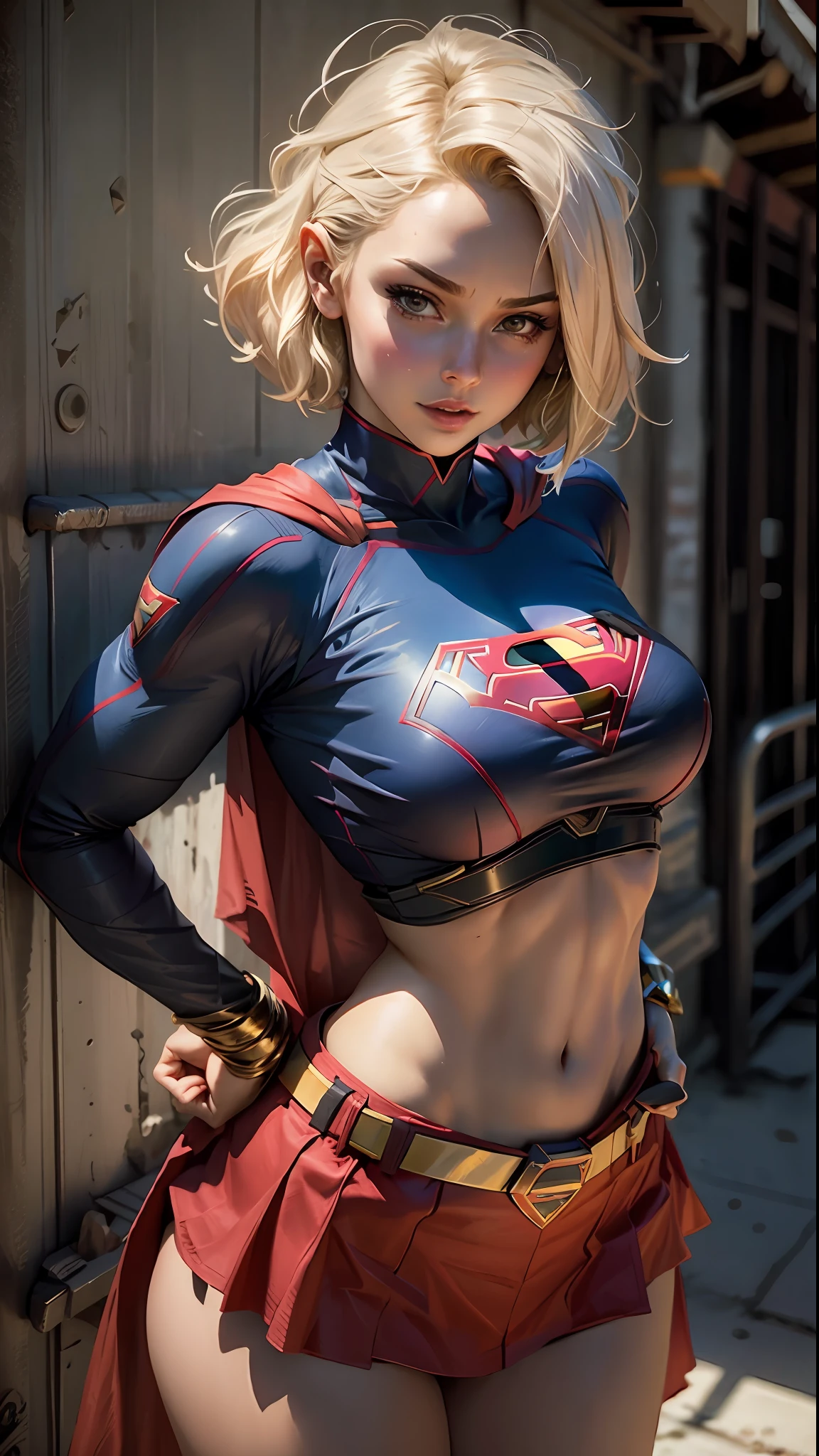 Beautiful woman short hair defined body big breasts, wearing Supergirl cosplay