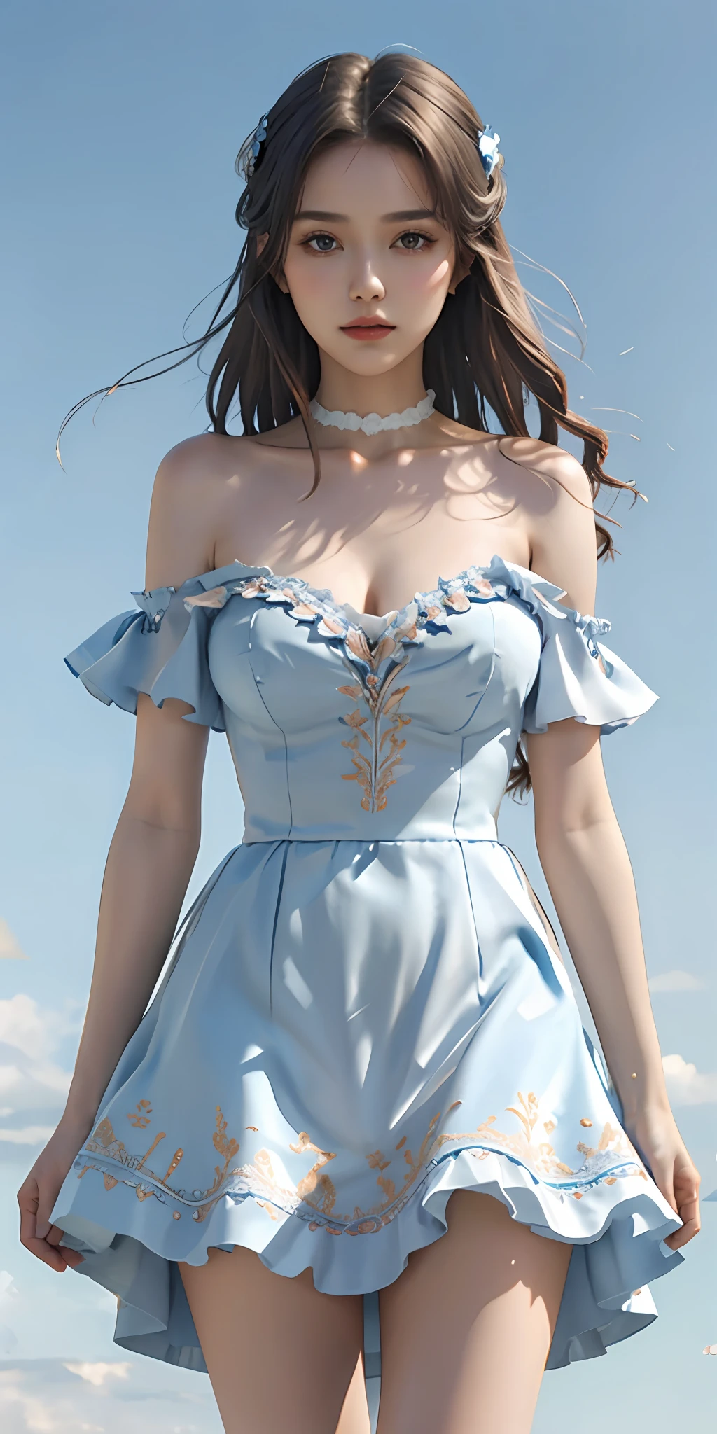 [white:blue:0.45] theme, masterpiece, maiden masterpiece, detail visual art, brown eyes, sky blue hair, long hair, collarbone, royal princess, elegant, gorgeous adult dress, detail cascading skirt, [detail frill: 0.1], [frilled dress: 0.1], embroidery, [detail princess dress: 0.1], bare shoulders, big breasts, open crotch, thigh seam, garter, groin, [NSFW|uncensored], (gradient background: 1.1), low wing