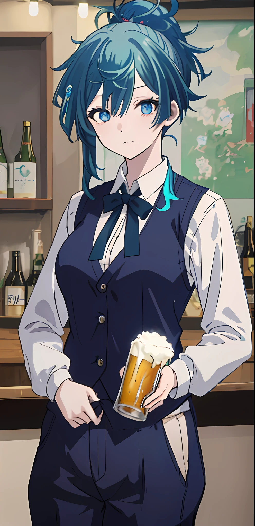 1girl, solo, (((solo))), tied up blue hair, gradient hair, green hair, plump youthful face, white button-down, long sleeves, black tie, dark blue vest, Dark blue zipper pants, thighs, medium breasts, holding a beer glass, blue eyes, confident expression, anime style, in a pub.
