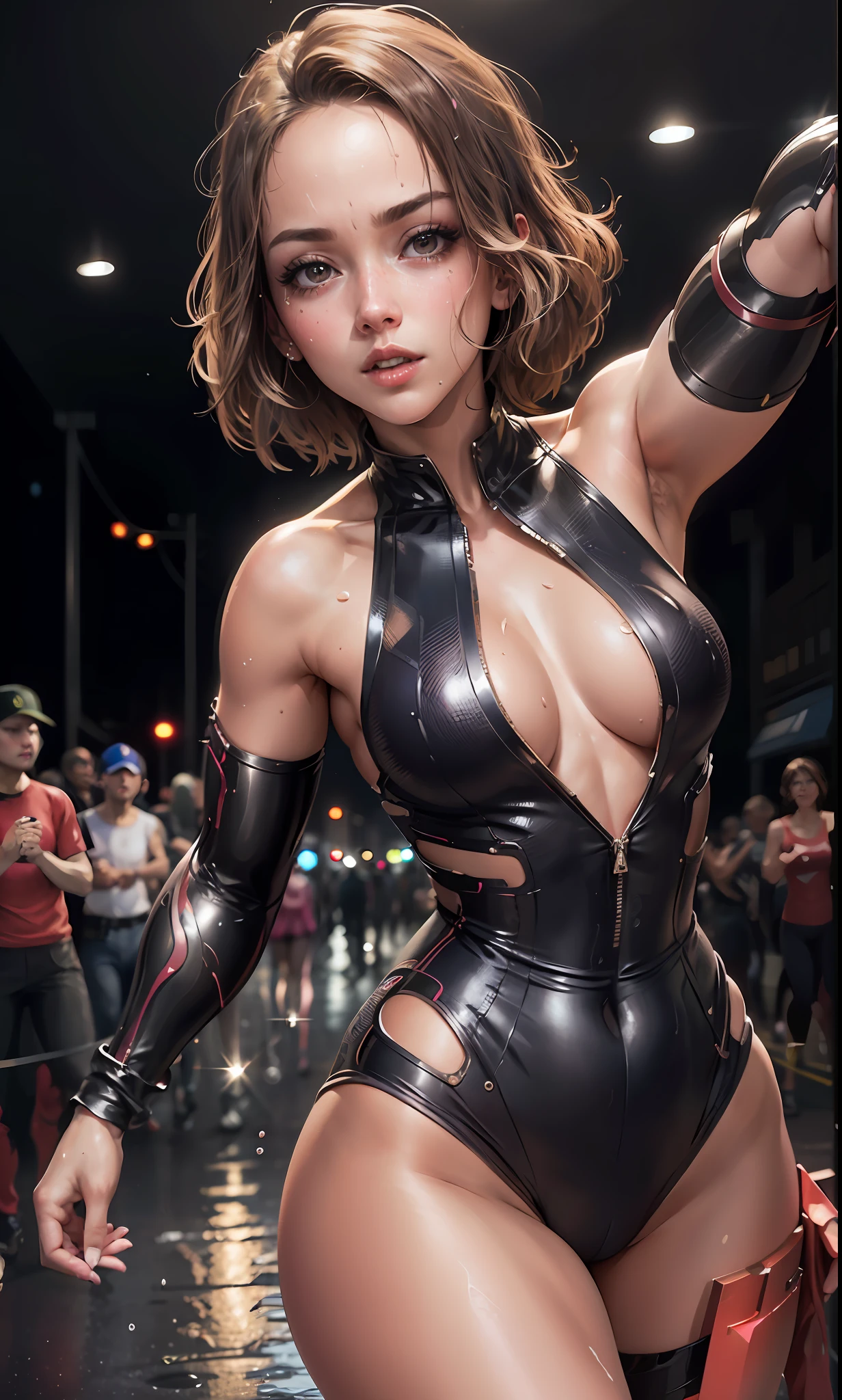 Daisy Jhonson in one-piece superheroine costume, running on the streets, (8k, RAW photo, photorealistic: 1.25), (lots of lip gloss, lots of eyelashes, watery eyes, best quality, ultra high resolution, depth of field, chromatic aberration, caustic, wide light, natural color,