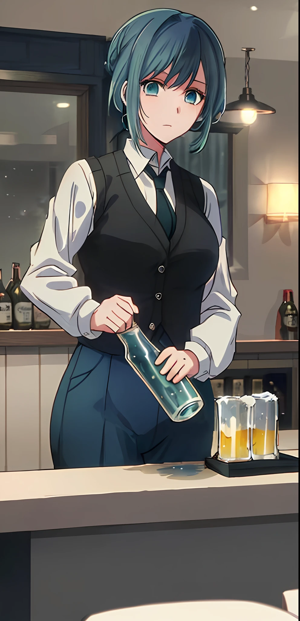 1girl, solo, (((solo))), tied up blue hair, spiky hair bun,  gradient hair, green hair, plump youthful face, white button-down, long sleeves, black tie, dark blue vest, Dark blue zipper pants, thighs, medium breasts, holding a beer glass, blue eyes, confident expression, anime style, in a pub.