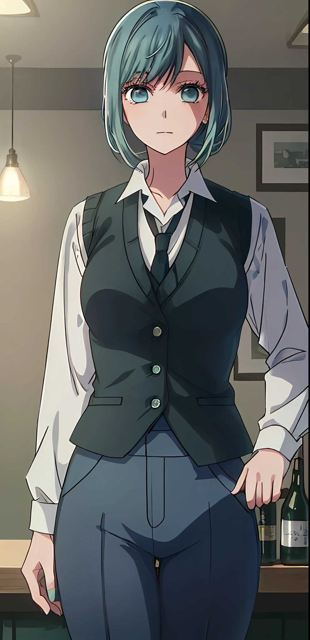1girl, solo, (((solo))), tied up blue hair, spiky hair bun,  gradient hair, green hair, plump youthful face, white button-down, long sleeves, black tie, dark blue vest, Dark blue zipper pants, thighs, medium breasts, holding a beer glass, blue eyes, confident expression, anime style, in a pub.
