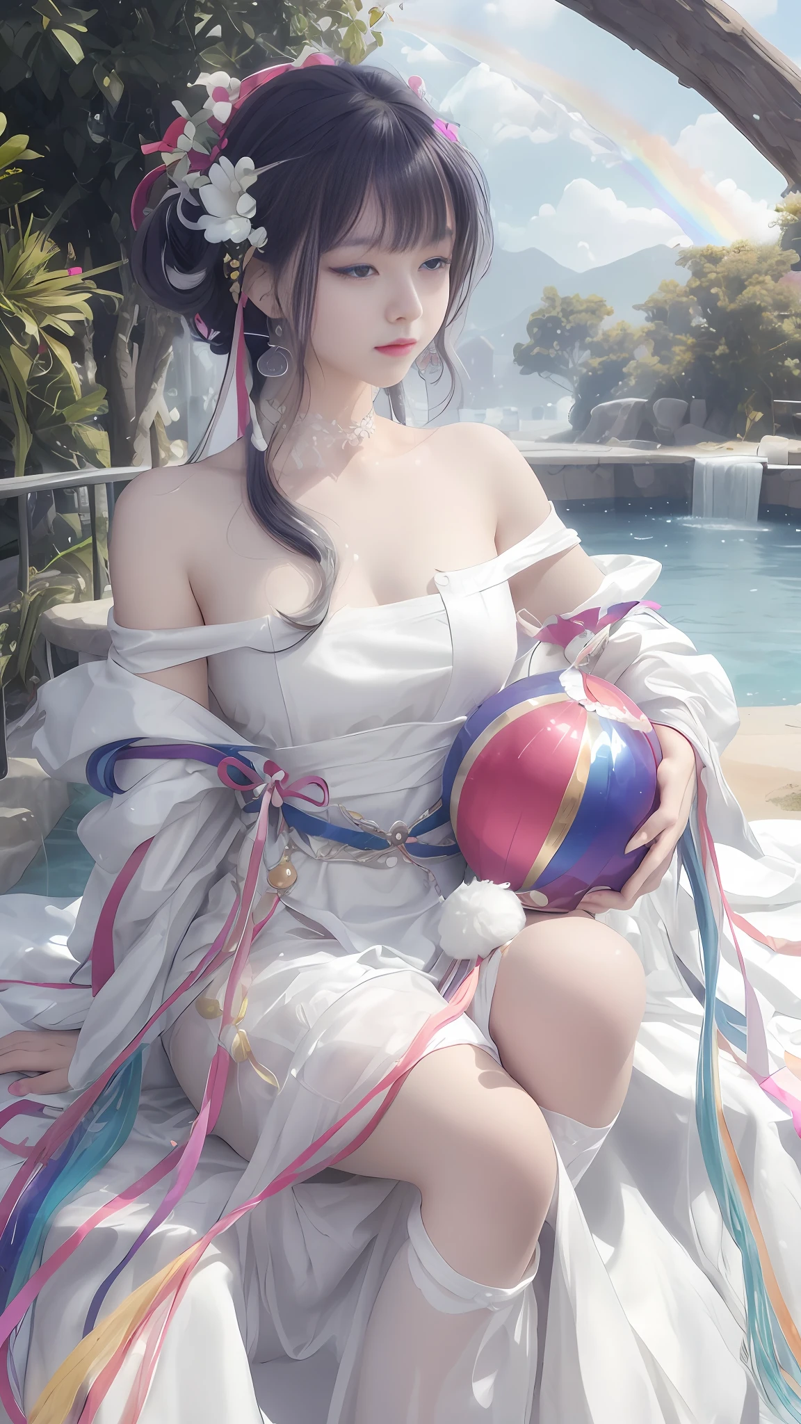 Girl wearing white dress, pure face, small eyes, shy expression, white hair god, beautiful and seductive woman, goddess, Guvez style artwork, white long hair