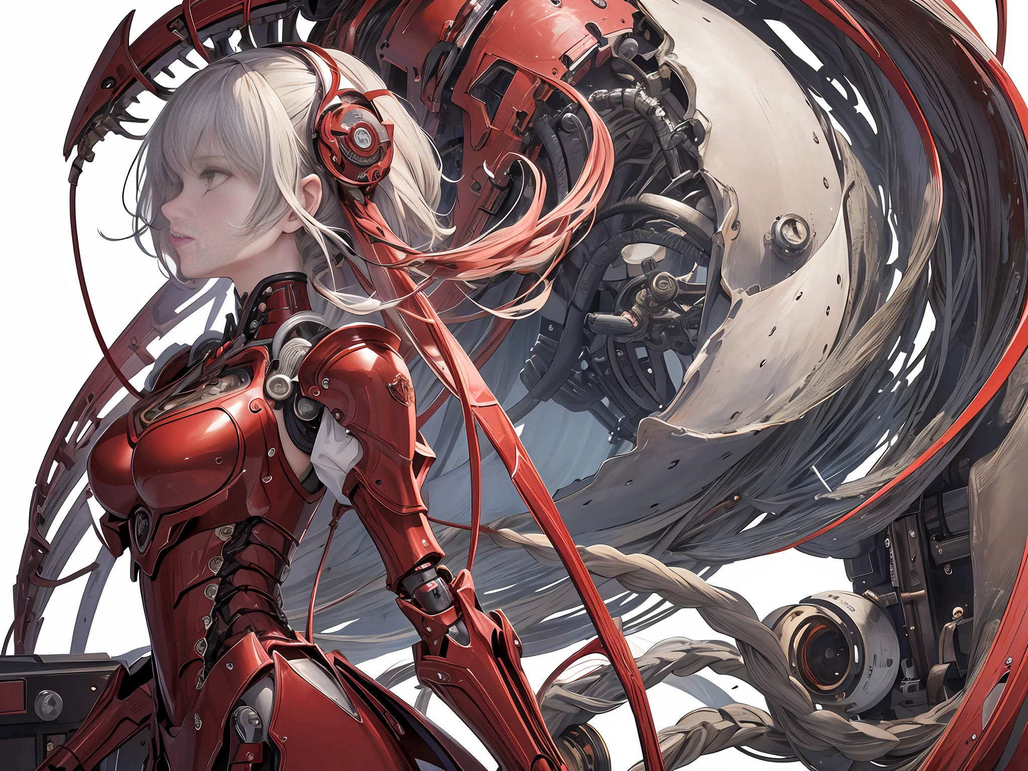 (Masterpiece, Top Quality, Best Quality, Official Art, Beauty and Aesthetics: 1.2), (1girl: 1.3), Extremely detailed, Colorful, Most Detailed ((Ultra-detailed)), (Highly Detailed CG Illustration), (Very Delicate and Beautiful), (From the Side), Cinema Light, ((1 Mechanical Girl)), Single, Full, (Machine-Made Joints: 1.2), ((Mechanical Limbs)), (Blood vessels connected to tubes), (Mechanical vertebrae attached to the back), ((Mechanical cervical vertebrae attached to neck)), (sitting), expressionless, (wires and cables attached to neck: 1.2), (wires and cables attached to the neck: 1.2), (wires and cables on the head: 1.2) (character focus), science fiction, white background, (blood: 1.5), red armor