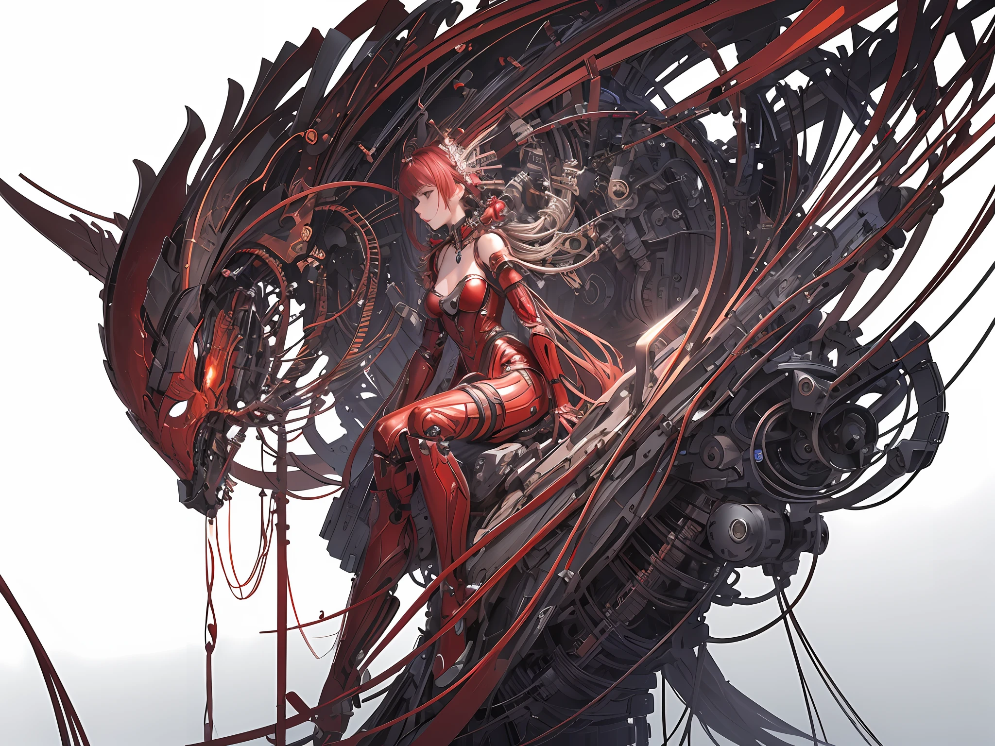 (Masterpiece, Top Quality, Best Quality, Official Art, Beauty and Aesthetics: 1.2), (1girl: 1.3), Extremely detailed, Colorful, Most Detailed ((Ultra-detailed)), (Highly Detailed CG Illustration), (Very Delicate and Beautiful), (From the Side), Cinema Light, ((1 Mechanical Girl)), Single, Full, (Machine-Made Joints: 1.2), ((Mechanical Limbs)), (Blood vessels connected to tubes), (Mechanical vertebrae attached to the back), ((Mechanical cervical vertebrae attached to neck)), (sitting), expressionless, (wires and cables attached to neck: 1.2), (wires and cables attached to the neck: 1.2), (wires and cables on the head: 1.2) (character focus), science fiction, white background, (blood: 1.5), red armor