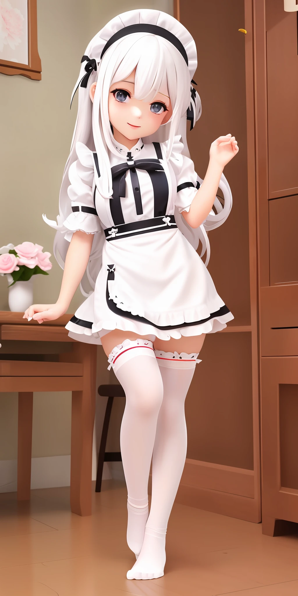 White hair, maid outfit, sexy and cute appearance, soft and cute body, white stockings, bare feet