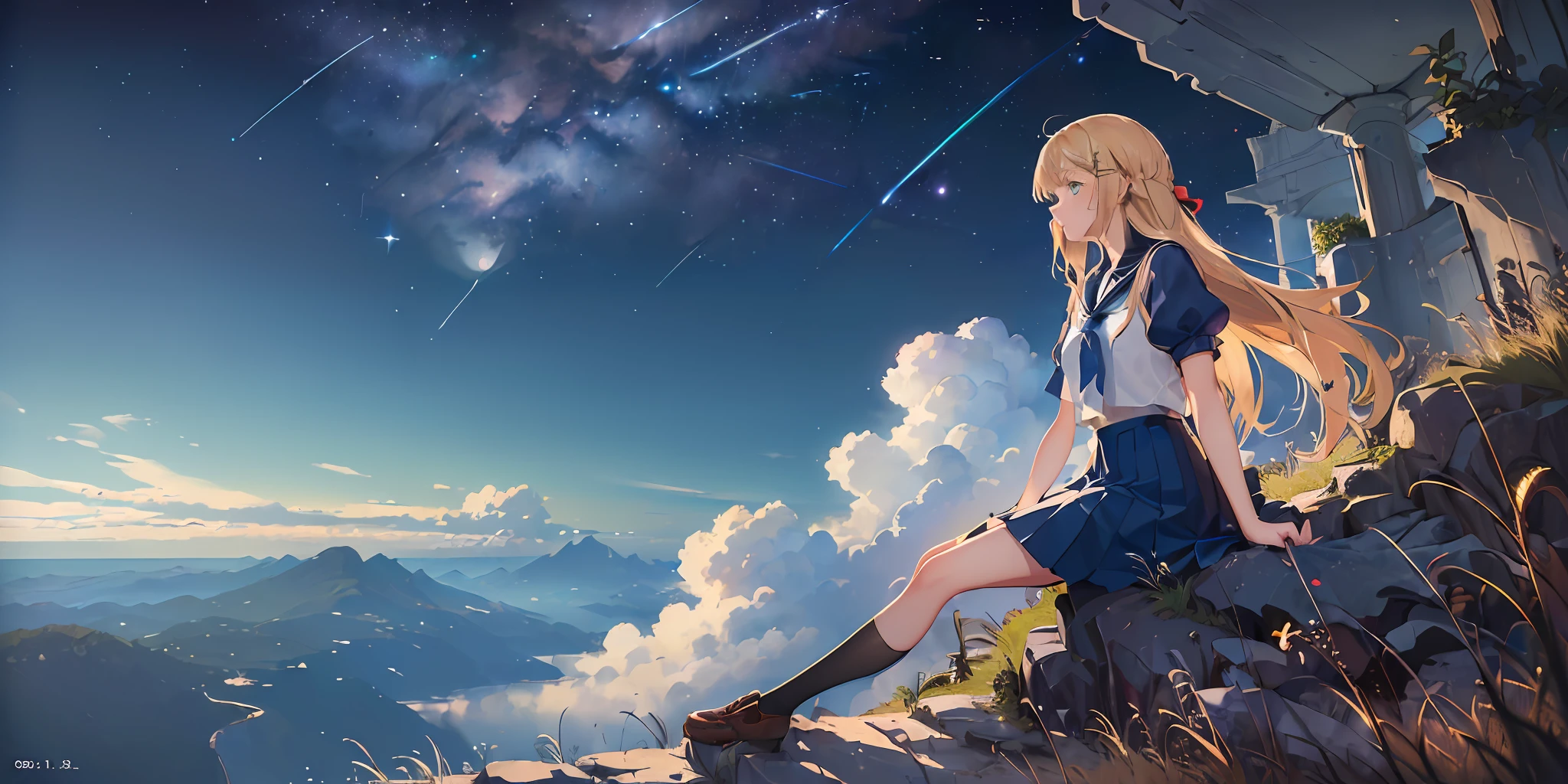 (((masterpiece: 1.5, best quality, high resolution: 1.3, super resolution, super detailed, ultra detailed:1.3, rich background:1.2))), ((close up)), ((profile picture)), 1girl, solo, green eyes, blonde long hair tied with blue ribbon, blunt bangs, cute hairpin, school uniform, white serafuku, red sailor collar, short sleeves, blue pleated skirt, (outdoor), ((sitting on the edge of cliff)), (on top of hill), ((city scenery behind: 1.3)), scenery, ((nighttime)), dark, (lowlight: 1.1), moon, (moonlight: 1.2), ((dynamic light: 1.4)), sky (falling meteors: 1.5)