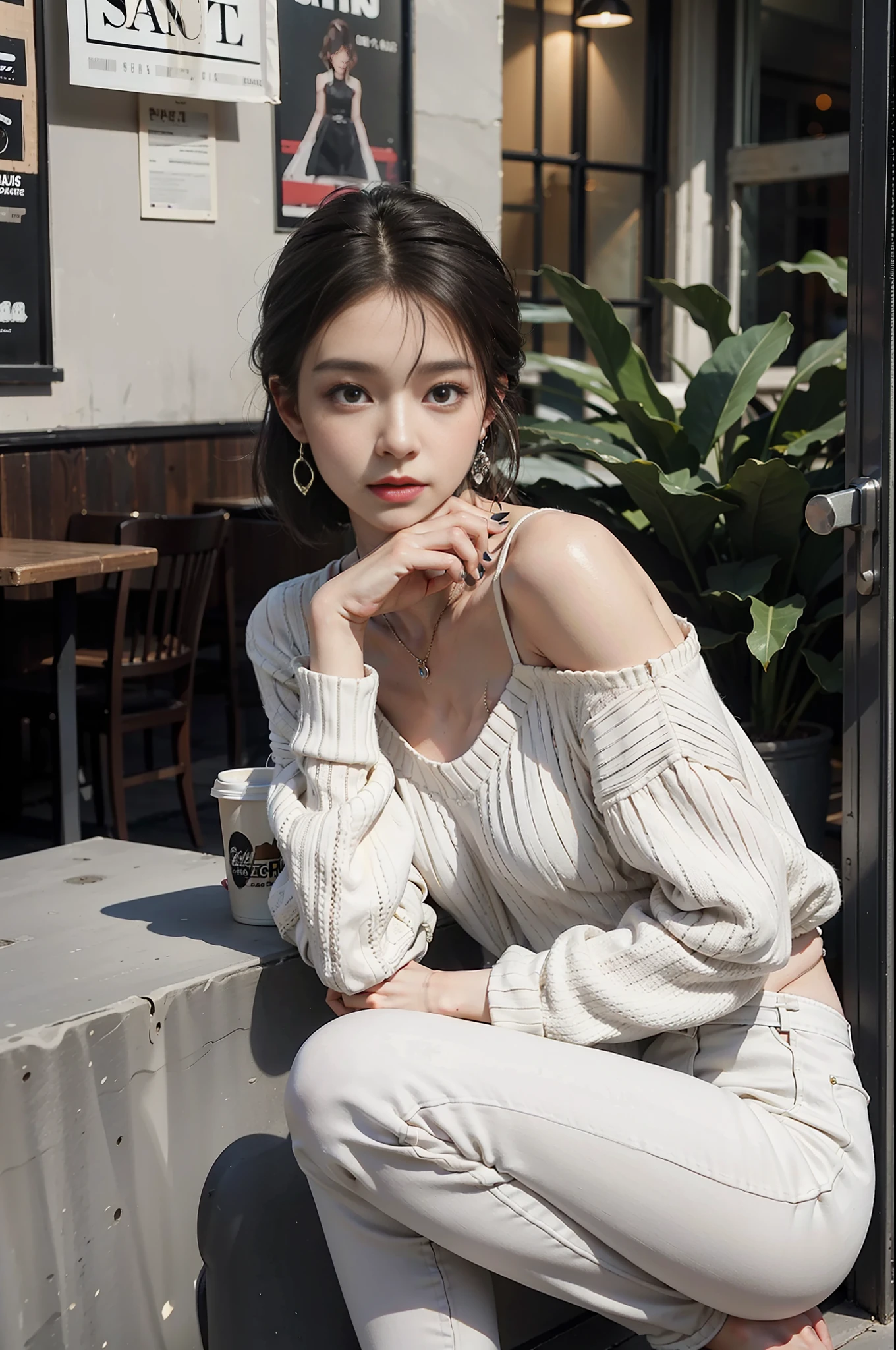 Best quality, full body portrait, delicate face, 27 year old woman, slim figure, small bust, delicate necklace, delicate earrings, white sweater, loose black trousers, coffee shop, sitting on the side of the road, drinking coffee