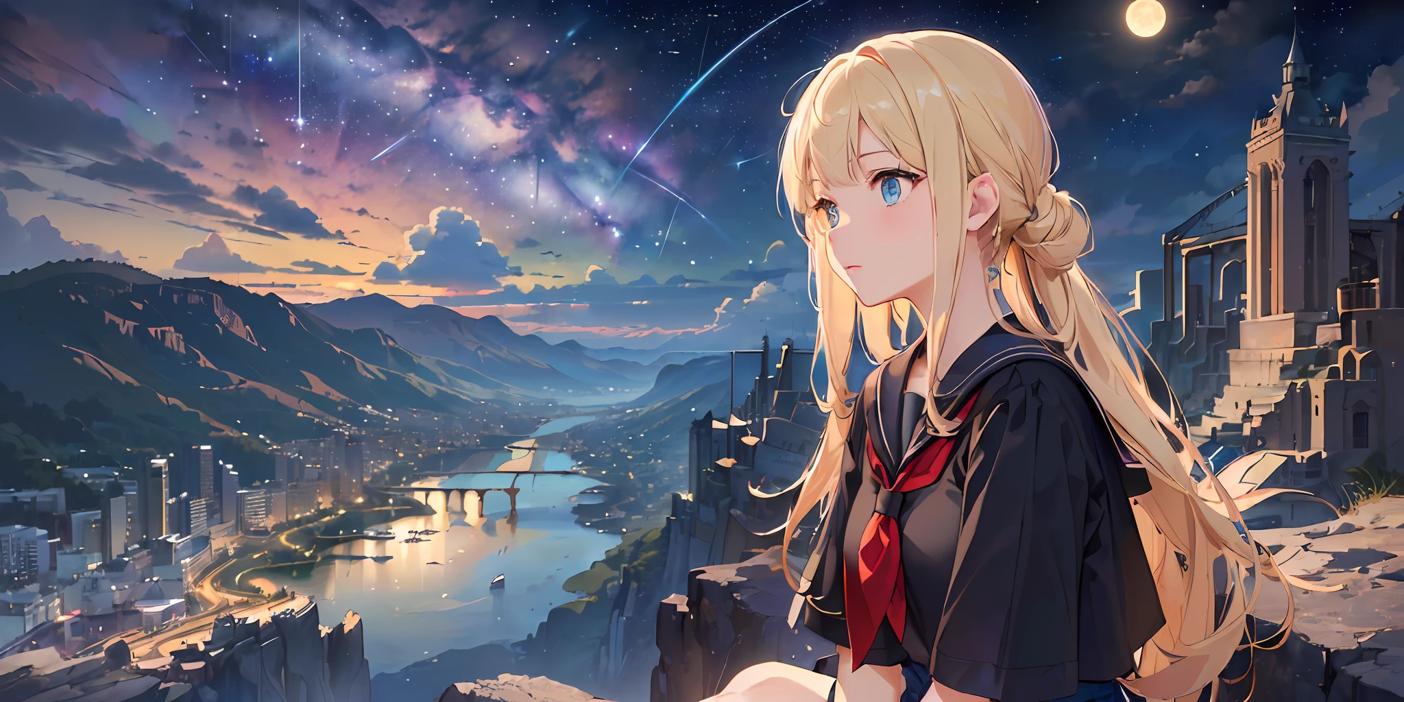 (((masterpiece: 1.5, best quality, high resolution: 1.3, super resolution, super detailed, ultra detailed:1.3, rich background:1.2))), ((close up)), ((profile picture)), 1girl, solo, green eyes, blonde long hair tied with blue ribbon, blunt bangs, cute hairpin, school uniform, white serafuku, red sailor collar, short sleeves, blue pleated skirt, (outdoor), ((sitting on the edge of cliff)), (on top of hill), ((city scenery behind: 1.3)), scenery, ((nighttime)), dark, (lowlight: 1.1), moon, (moonlight: 1.2), ((dynamic light: 1.4)), sky (falling meteors: 1.5)