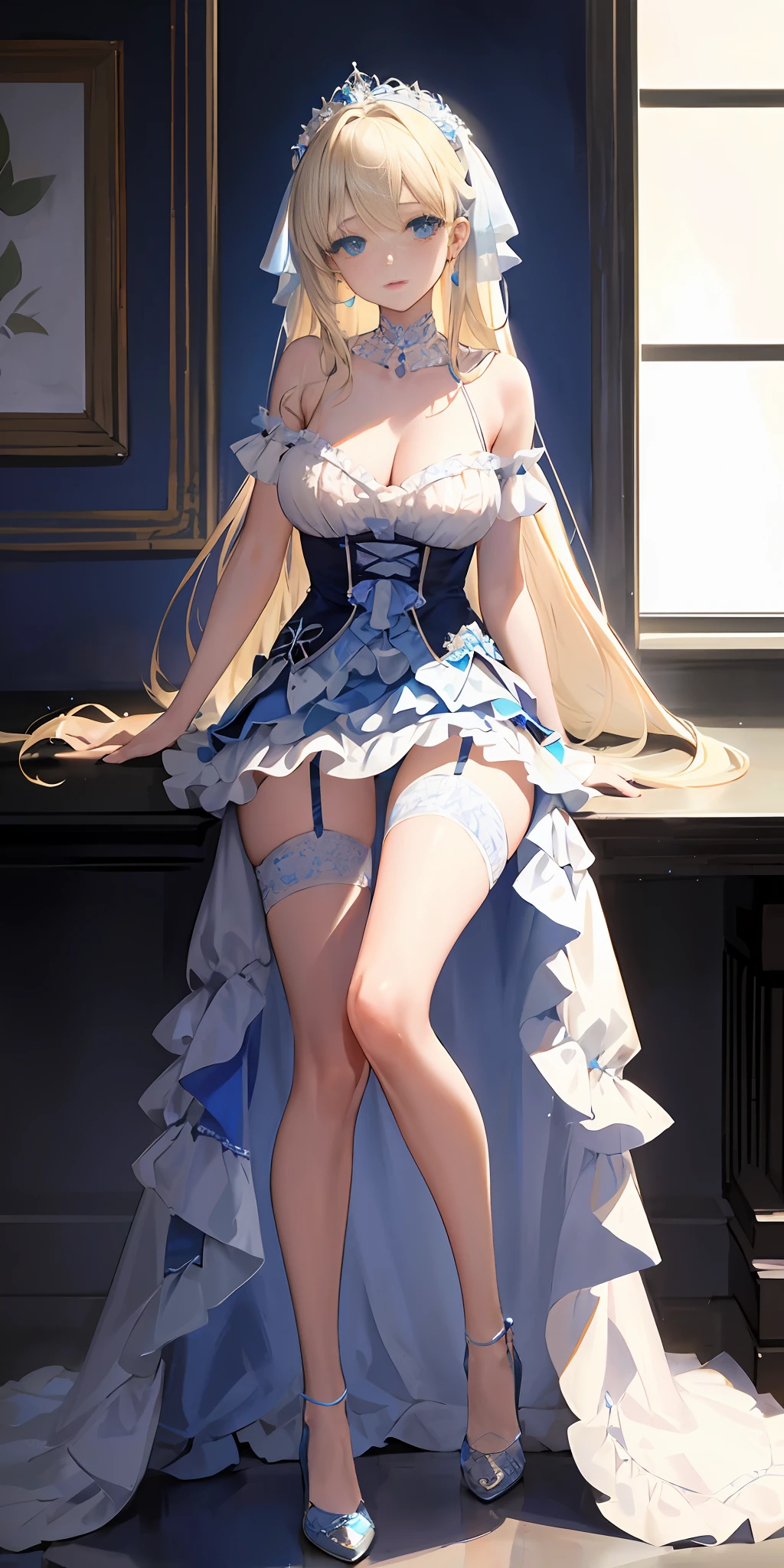 [blue:aqua:0.65] theme, masterpiece, a girl's masterpiece, detailed visual art, blue eyes, light blonde hair, long hair, collarbone, royal princess, elegant, gorgeous quinceanera dress, detailed layered skirt, [detailed frills: 0.1], [frilled dress: 0.1], embroidery, [details princess dress: 0.1], bare shoulders, big breasts: 1.3, open crotch, thigh seam, garter, groin, [NSFW| uncensored], (simple background: 1.1), low-winged, full-body
