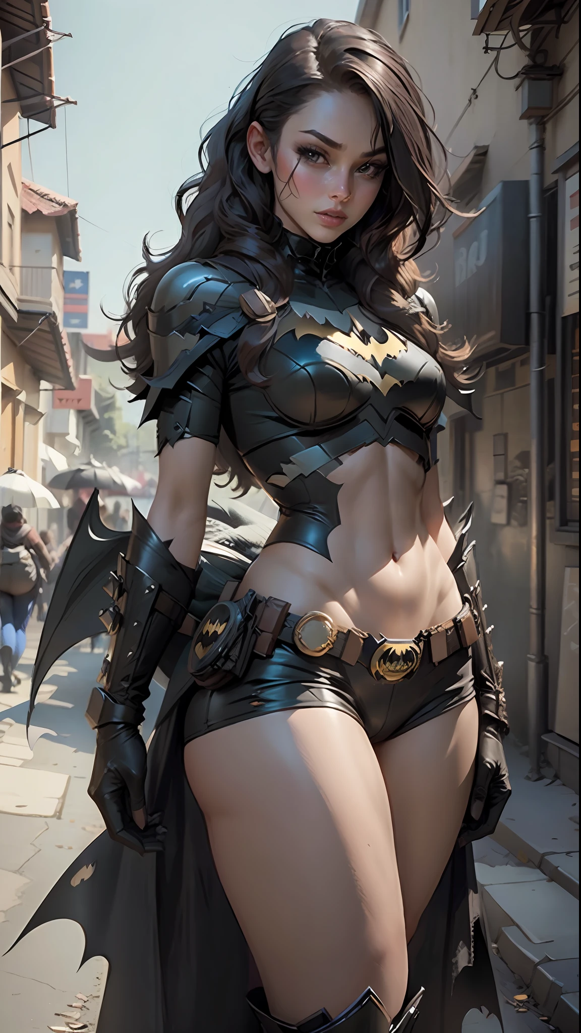 Beautiful woman body set thick thighs, wearing Batman cosplay