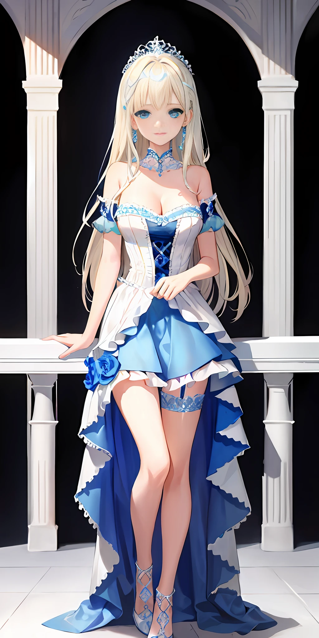 [blue:aqua:0.65] theme, masterpiece, a girl's masterpiece, detailed visual art, blue eyes, light blonde hair, long hair, collarbone, royal princess, elegant, gorgeous quinceanera dress, detailed layered skirt, [detailed frills: 0.1], [frilled dress: 0.1], embroidery, [details princess dress: 0.1], bare shoulders, big breasts: 1.3, open crotch, thigh seam, garter, groin, [NSFW| uncensored], (simple background: 1.1), low-winged, full-body