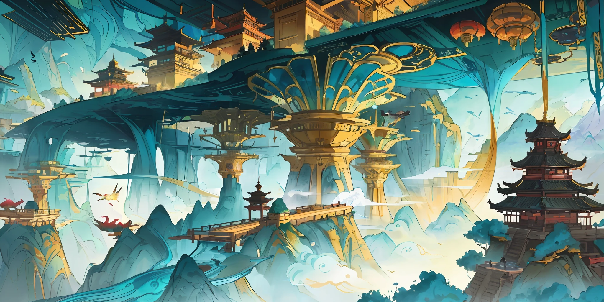 an image of an asian landscape with mountains and birds in the air, in the style of fantastical otherworldly visions, light cyan and gold, intricately mapped worlds, hyperrealistic illustrations, romanticized cityscapes, detailed character illustrations, organic shapes and curved lines, --v6