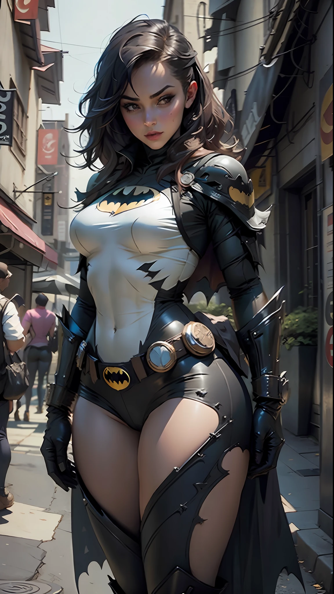 Beautiful woman body set thick thighs, wearing Batman cosplay