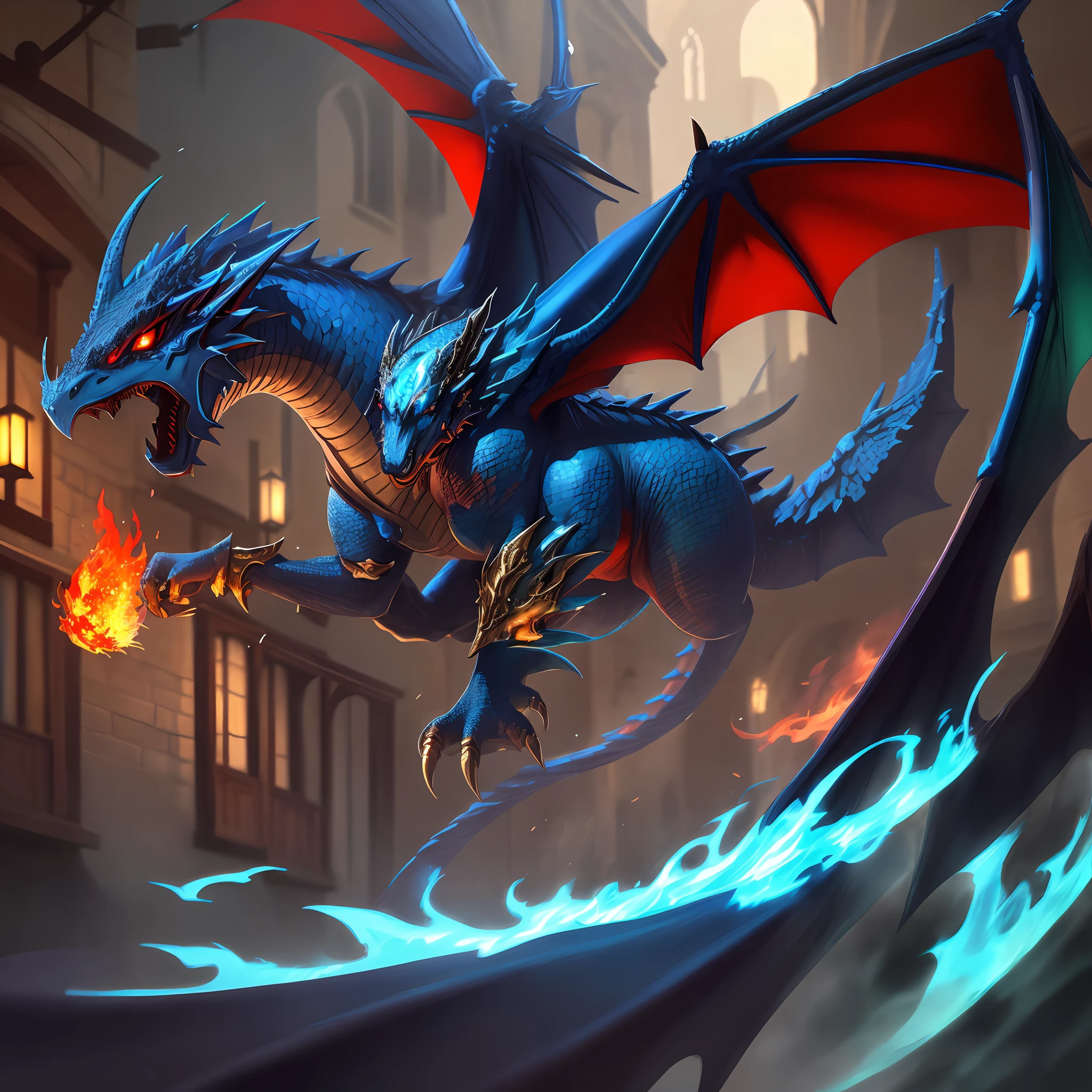Blue dragon, green wings, spitting red flames, flying, golden eyes, bright eyes, medieval city, super detailed