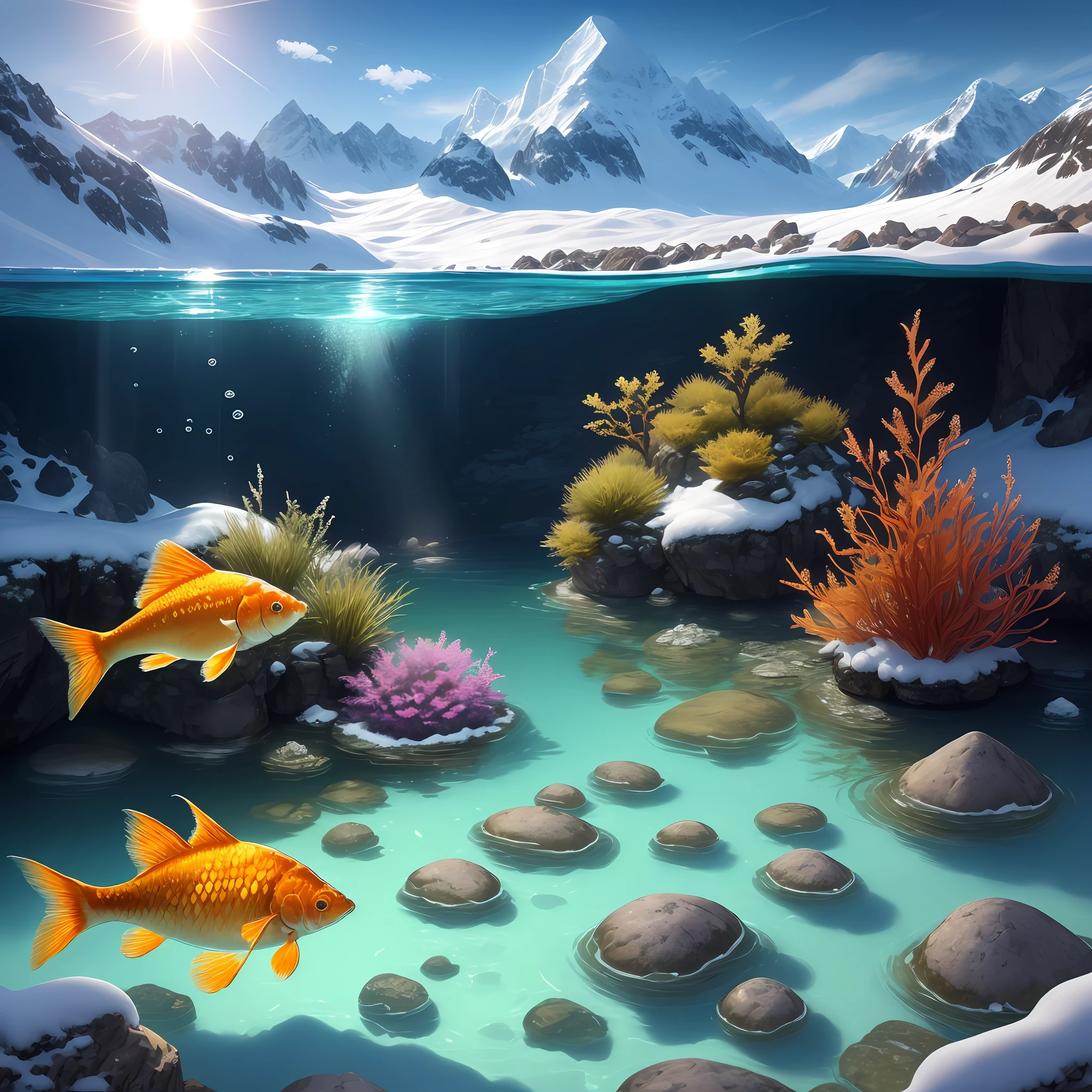 super detail,accurate,8k,landscape with crystal clear water with small stones under water,visible from outside,plants surrounding,snowy mountain behind,sun reflects in water,some golden fishes are there in water
