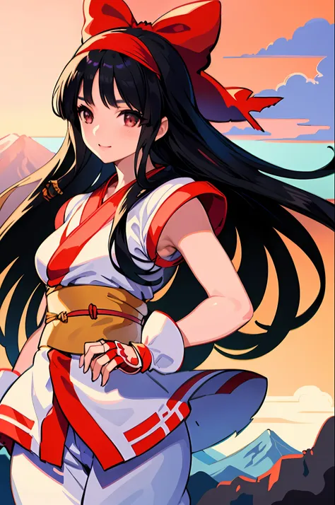 masterpiece, best quality,1girl, red bow, bow, long hair, hair bow, ainu clothes, solo, hairband, bird, black hair, fingerless g...