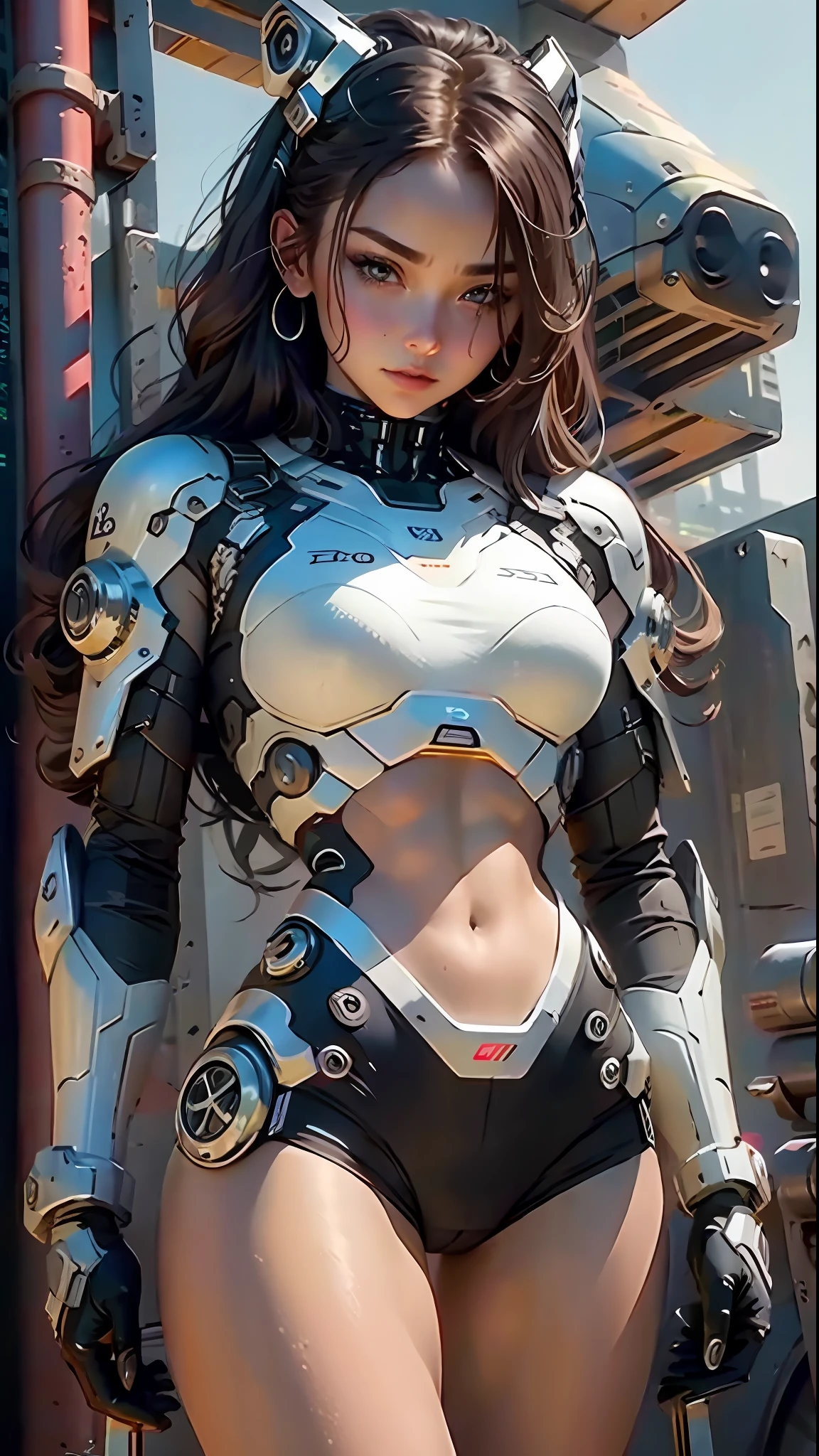 Beautiful cybernetic girl looking at camera underwear detailed muscles realistic masterpiece