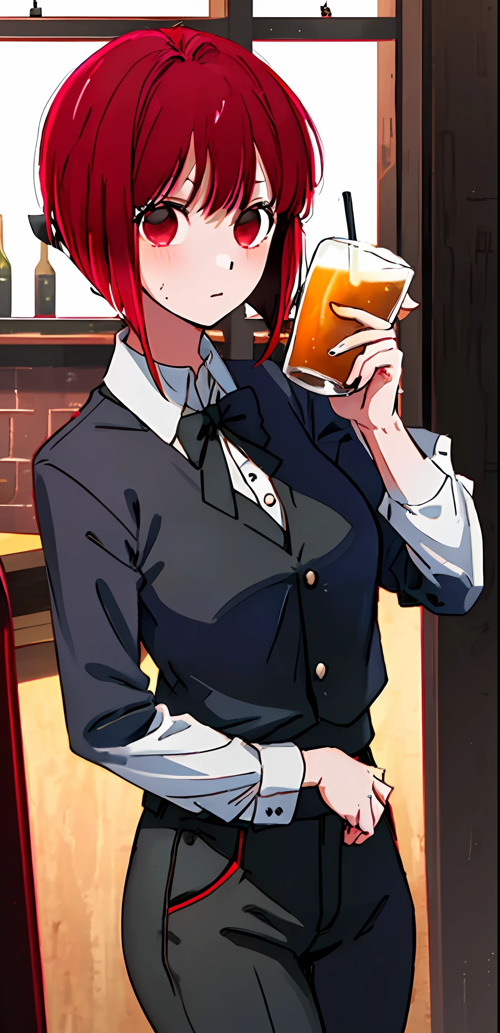 1girl, solo, (((solo))), short red hair, plump youthful face, black button-down, long sleeves, black tie, crimson vest, crimson zipper pants, thighs, medium breasts, holding a beer glass, red eyes, confident expression, anime style, in a pub.