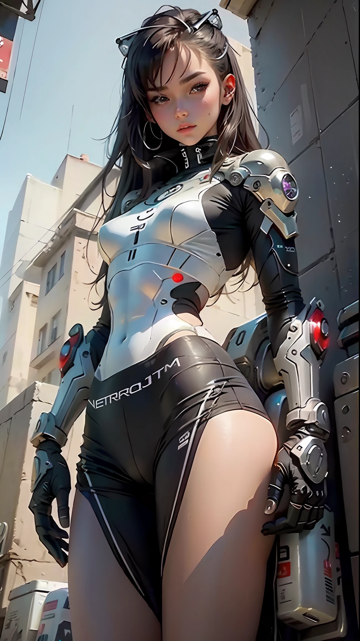 Beautiful cybernetic girl looking at camera underwear detailed muscles realistic masterpiece