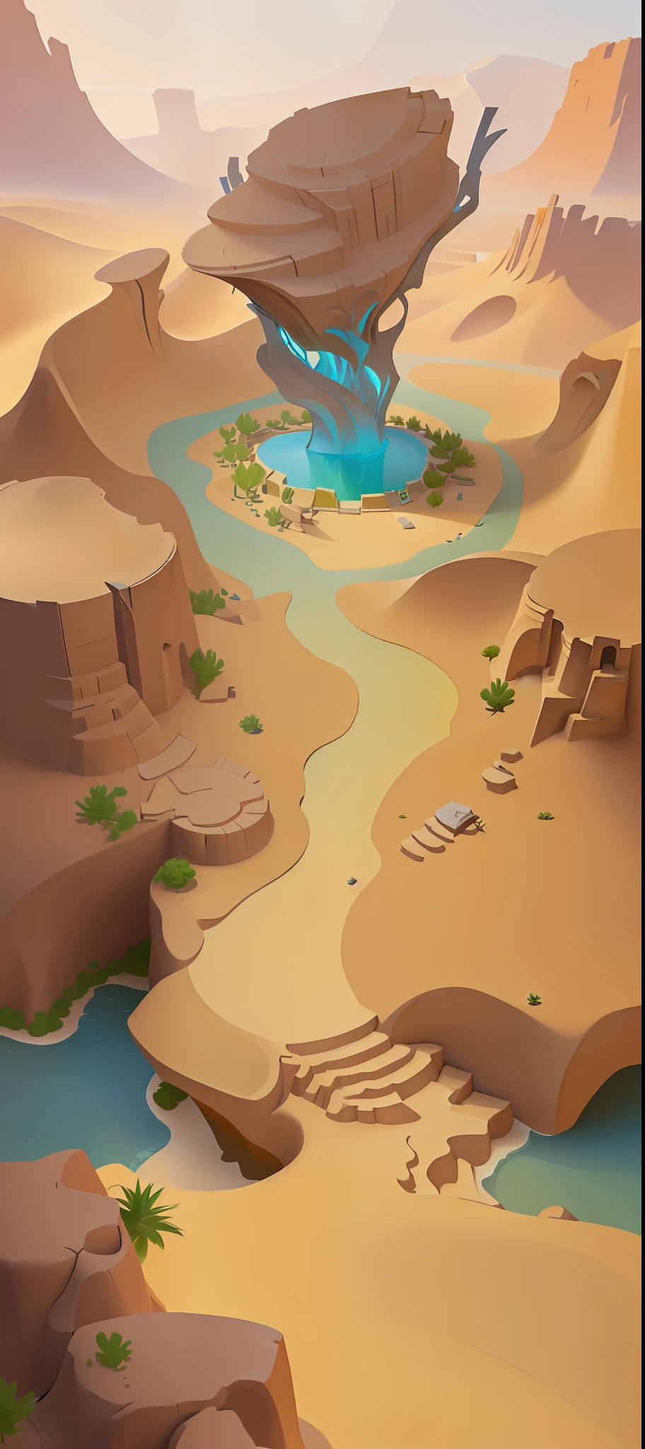 there is a digital painting of a desert with a river, stylized concept art, desert oasis, desert oasis background, stylized game art, painted as a game concept art, desert environment, sand and desert environment, oasis in the desert, desert setting, 3 d render stylized, game concept art, standing next to desert oasis, stylized painting, concept world art