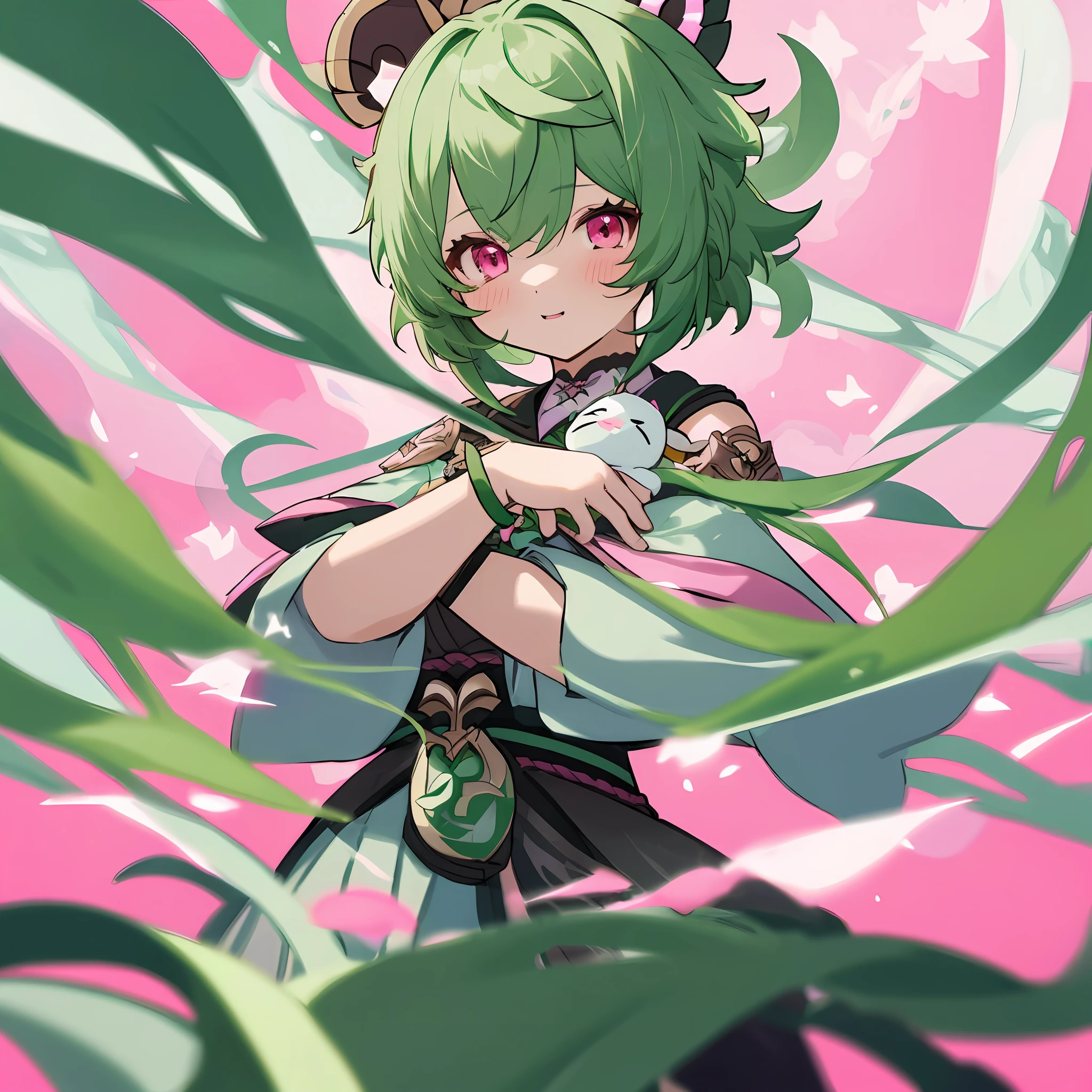 Collei from Genshin Impact, Collei, with a plushie on her hands, green hair, pink eyes, cute, 1girl