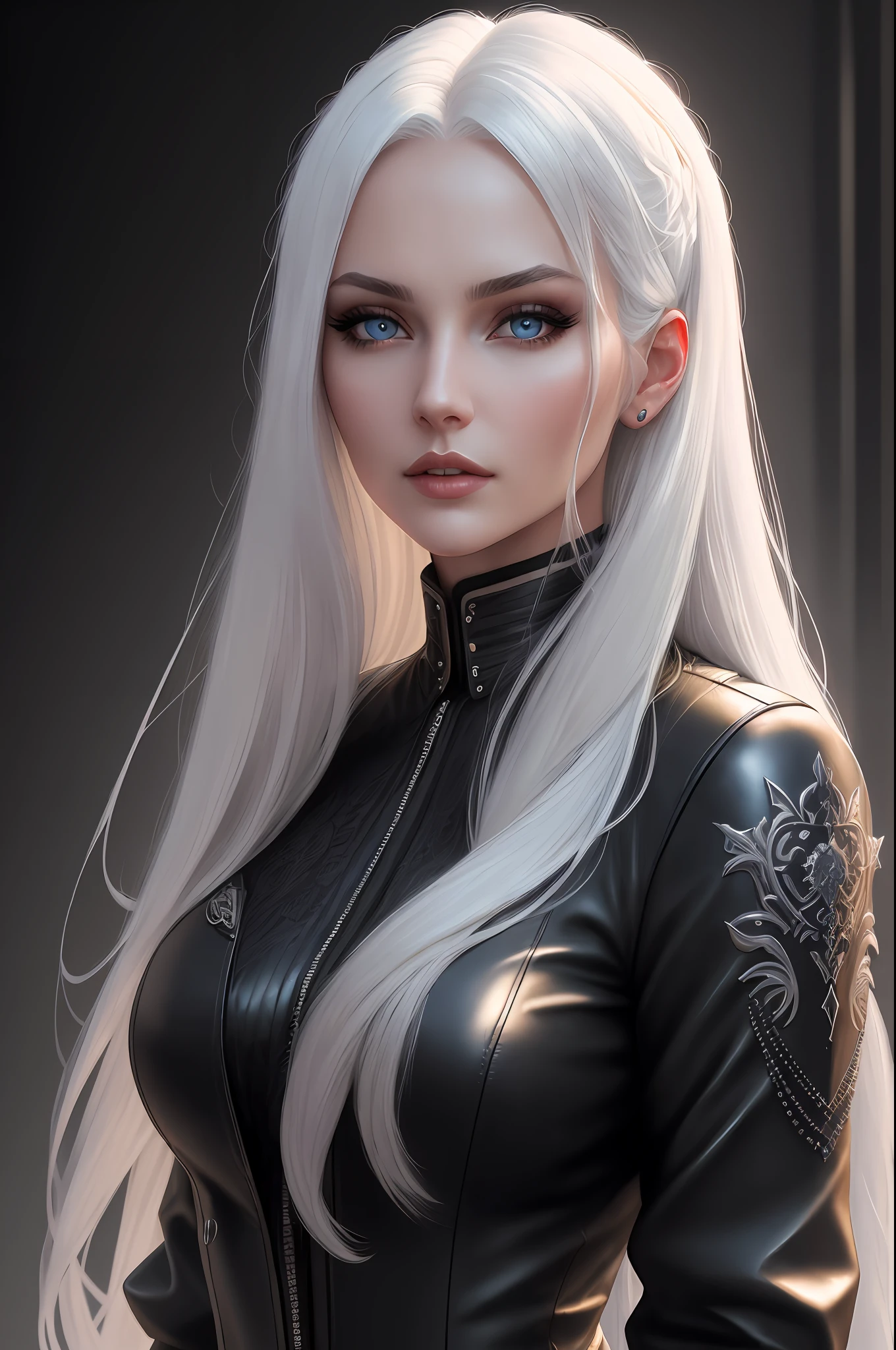 Elegant woman with long white hair, blue eyes, thin face, wearing modern clothing, black leather jacket, blouse with neckline, leather pants, gothic style, masterpiece, best quality, highest quality, cinematic lighting, (volumetric lighting), extremely detailed CG 8k wallpaper unit, focused, 8k wallpaper, 4k wallpaper, extremely detailed, ultra realistic, photorealistic, sharp focus, absurd, (HDR: 1.2), (high contrast), photography, detailed and intricate, instagram, portrait, highly detailed, digital painting, artstation, concept art, smooth, sharp focus, illustration, cinematic lighting,
