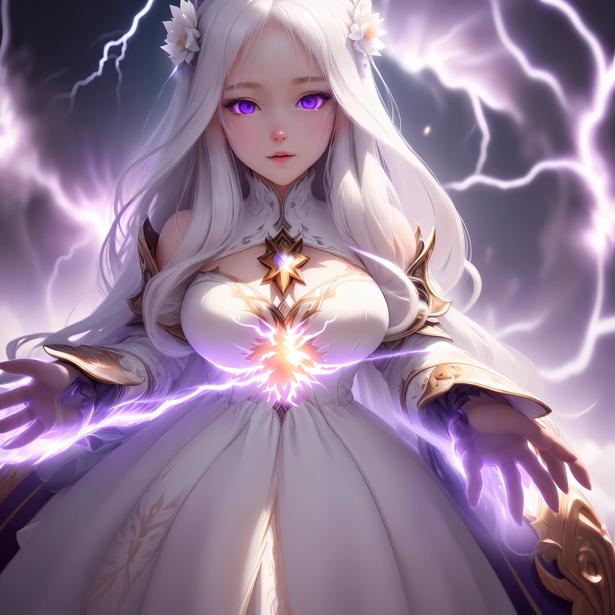 (masterpiece, best quality), hyper detailed, intricate details, high resolution, illustration, 1girl, medium breasts, ((white long hair)), (white dress), (painting in a canvas) , (glowing purple eyes), glow white particles, ((caustic)), (volumetric lightning), sunbeam,
