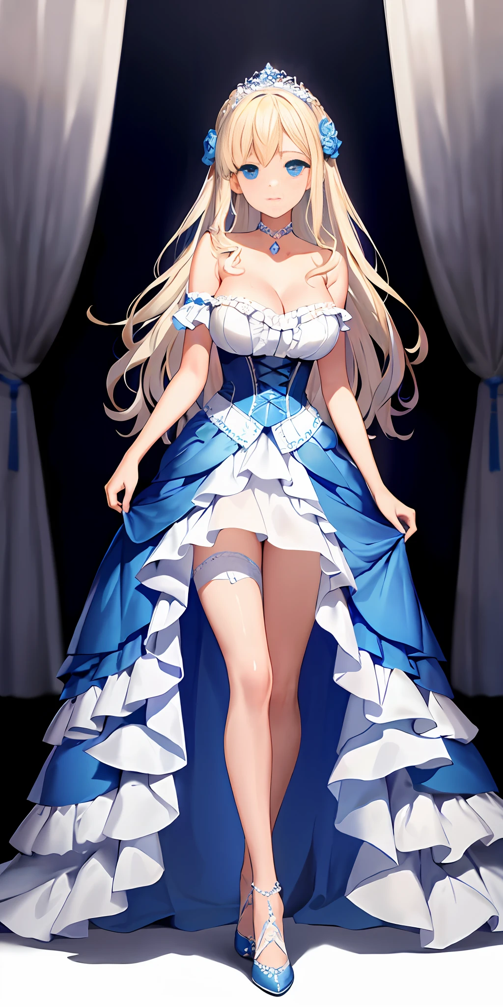 [blue:aqua:0.65] theme, masterpiece, a girl's masterpiece, detailed visual art, blue eyes, light blonde hair, long hair, collarbone, royal princess, elegant, gorgeous quinceanera dress, detailed layered skirt, [detailed frills: 0.1], [frilled dress: 0.1], embroidery, [details princess dress: 0.1], bare shoulders, big breasts: 1.3, open crotch, thigh seam, garter, groin, [NSFW| uncensored], (simple background: 1.1), low-winged, full-body