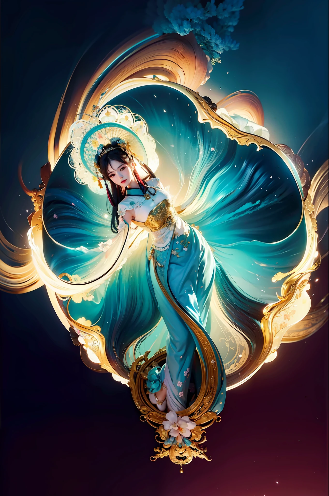 Zhong Fenghua, 1 girl, (full-body:1.5) ,solo, hanfu, flower field, blossom, (white smoke:1.3) (realistic:1.4), zen entanglement, mandala, entanglement, official art, unity 8k wallpaper, super detailed, beautiful and beautiful, masterpiece, best quality, (dynamic angle: 1.4), glowing skin, (floating colorful flash: 1) the most beautiful chaotic forms, elegant, brutalist design, bright colors, romantic depth of field
