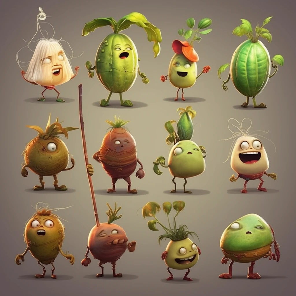 Character design for anthropomorphic plants (potato warriors), Pixar style, with (detailed), fantastical, surreal and (cute)) art styles that are both ((fun)) and artistic. The character is popular on art websites and has soft 8K HD ambient lighting. The character is inspired by Plants vs Zombies.