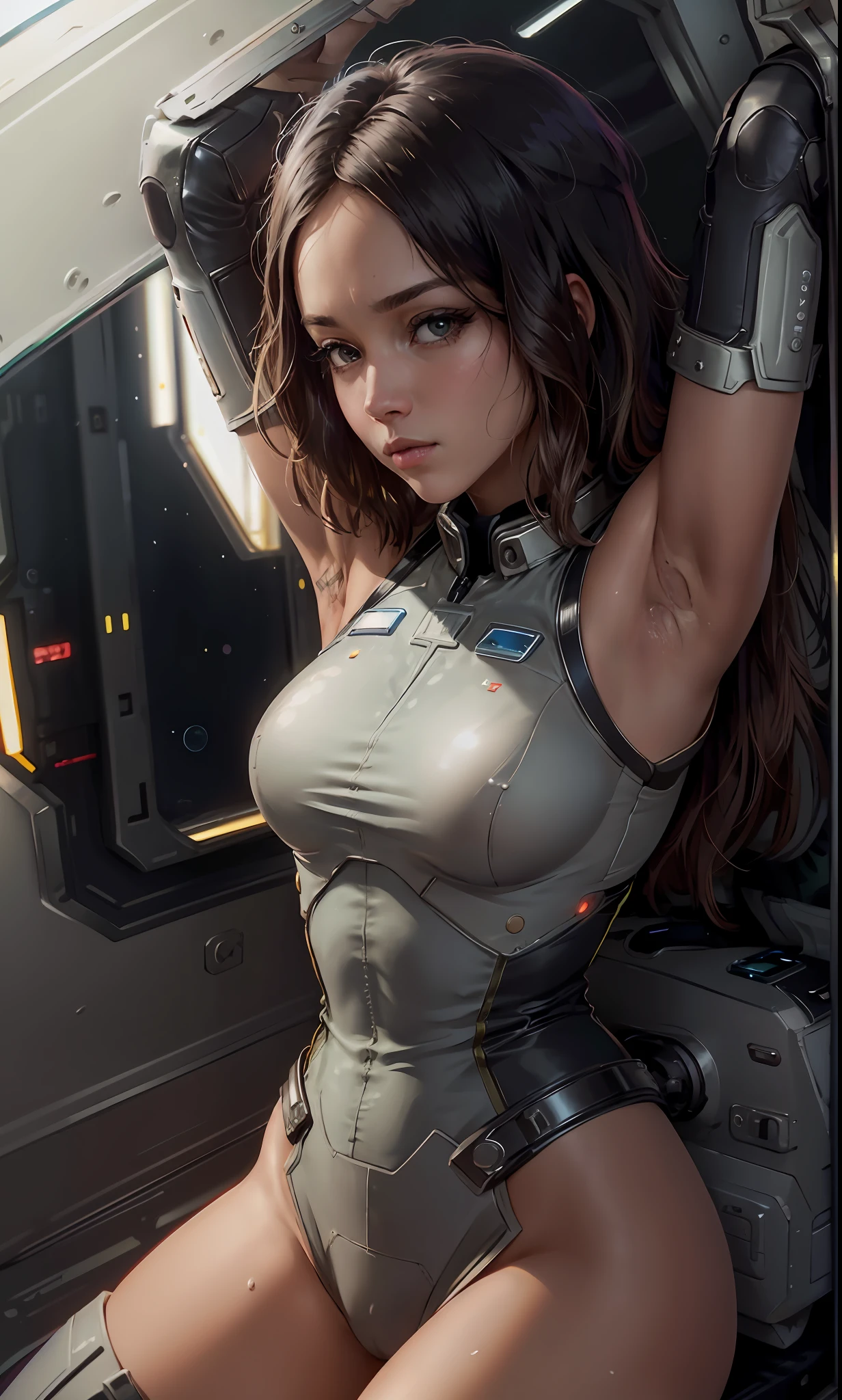 Daisy Jhonson as the captain of a spaceship, looking through a glass window to space, (inspired by mass effect), one piece armor, arms up, armpit, (8k, RAW photo, photorealistic: 1.25), (lots of lip gloss, lots of eyelashes, watery eyes, best quality, ultra high resolution, depth of field, chromatic aberration, caustic, wide light, natural color, picture from distance (1:2)