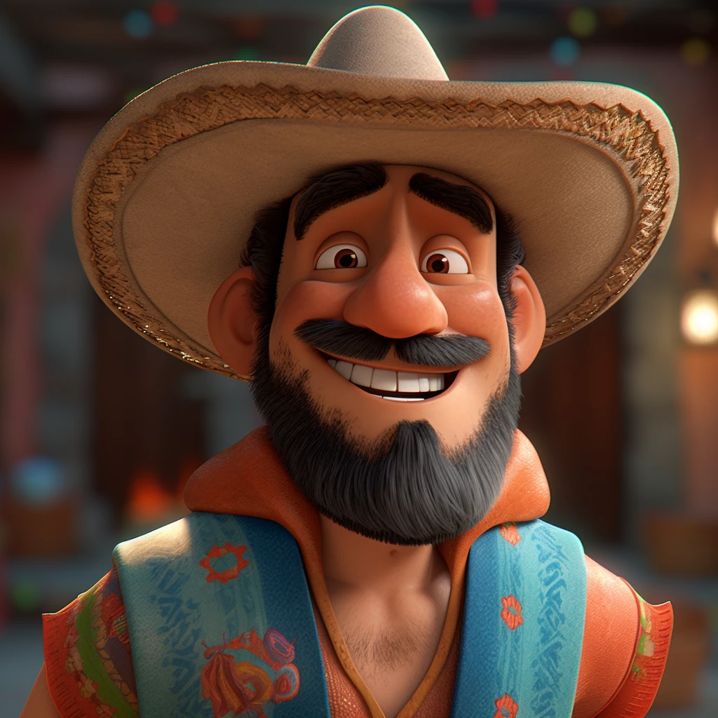 8k, (Mexican), (Brown Beard), (Chubby), (Traditional Costume), (Hat), (Pixar Animation Style), (Full Front Shot), (Open Hands), (Intricate Details), (Lighting), (Specular Highlight), (Unreal Engine 3), (Visual Effects), (Lighting Technology).
