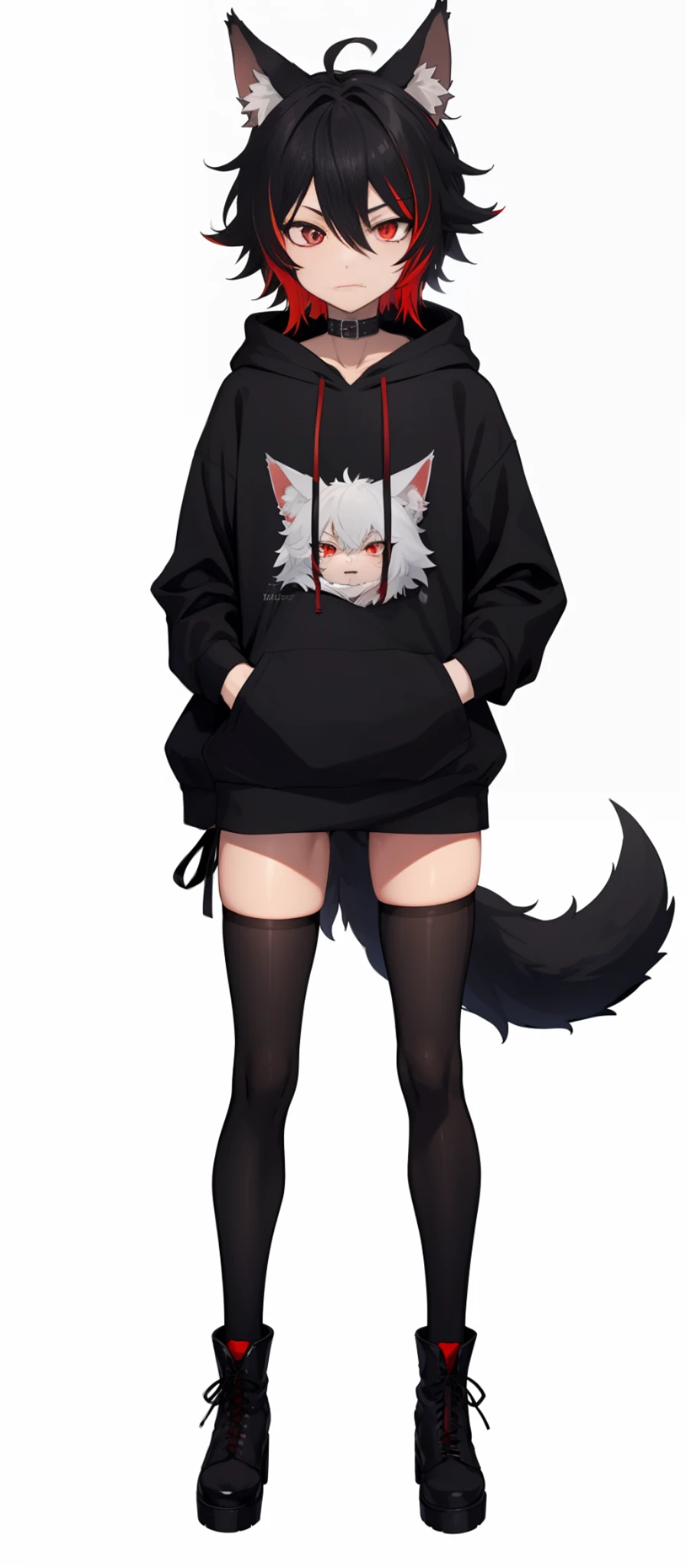 cat-boy, toned, sharp big wolf ears, wolf tail, big black messy hair, extremely vibrant red eyes, HD, masterpiece, vibrant, slim dark black hoodie, full body view, neutral face, black thigh socks, combat boots.
