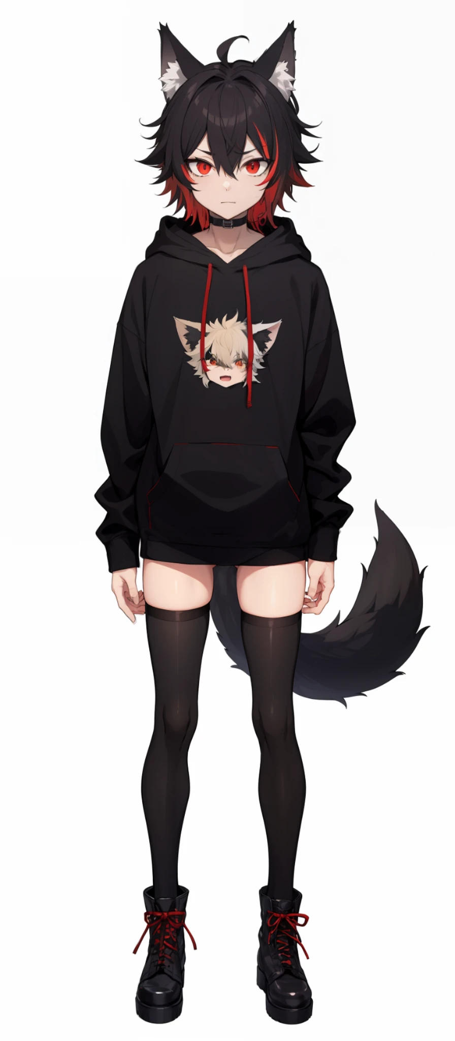 cat-boy, toned, sharp big wolf ears, wolf tail, big black messy hair, extremely vibrant red eyes, HD, masterpiece, vibrant, slim dark black hoodie, full body view, neutral face, black thigh socks, combat boots.